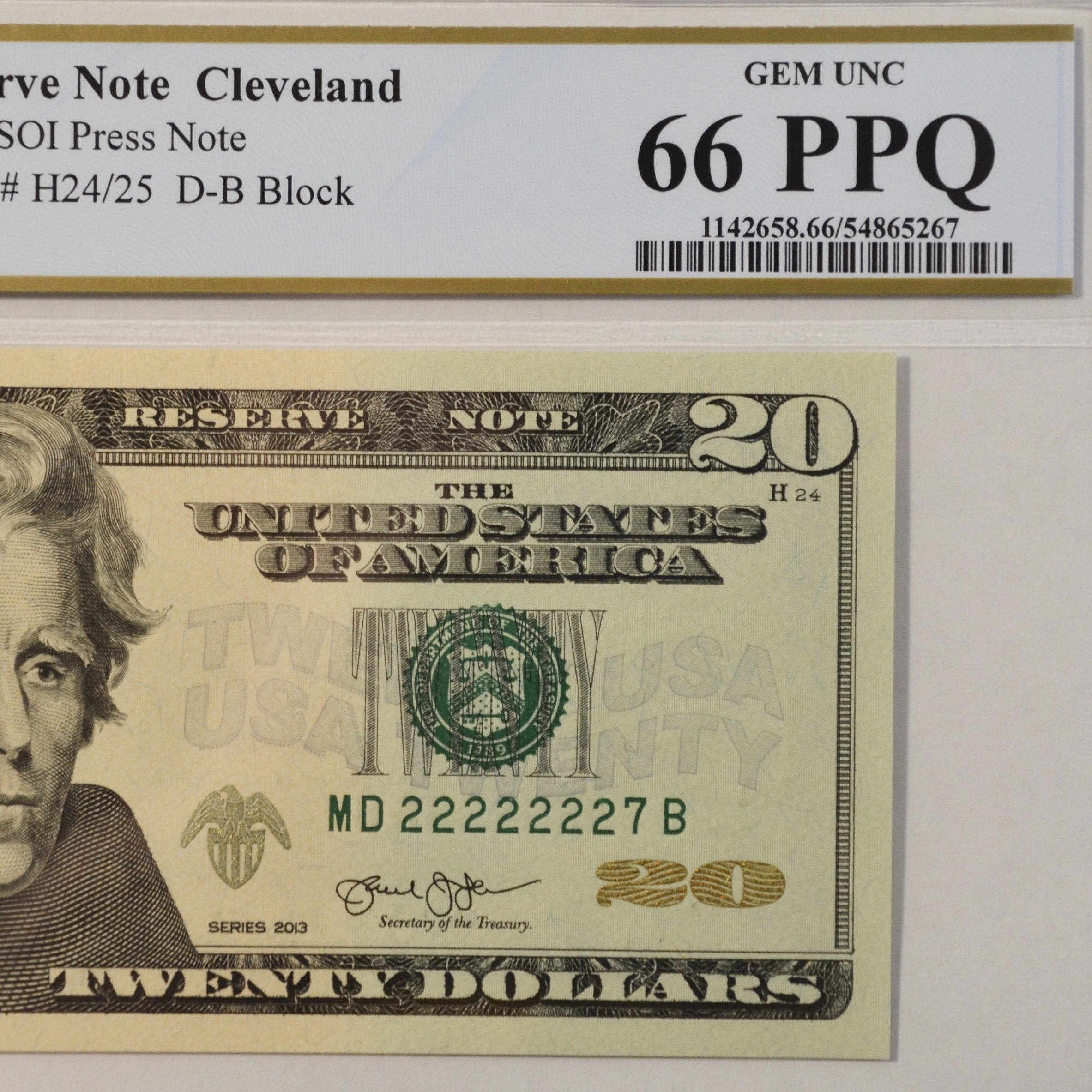 $20 Fancy Serial Note 7 In A Row Near Solid Series 2013 PCGS 66PPQ - MD22222227B