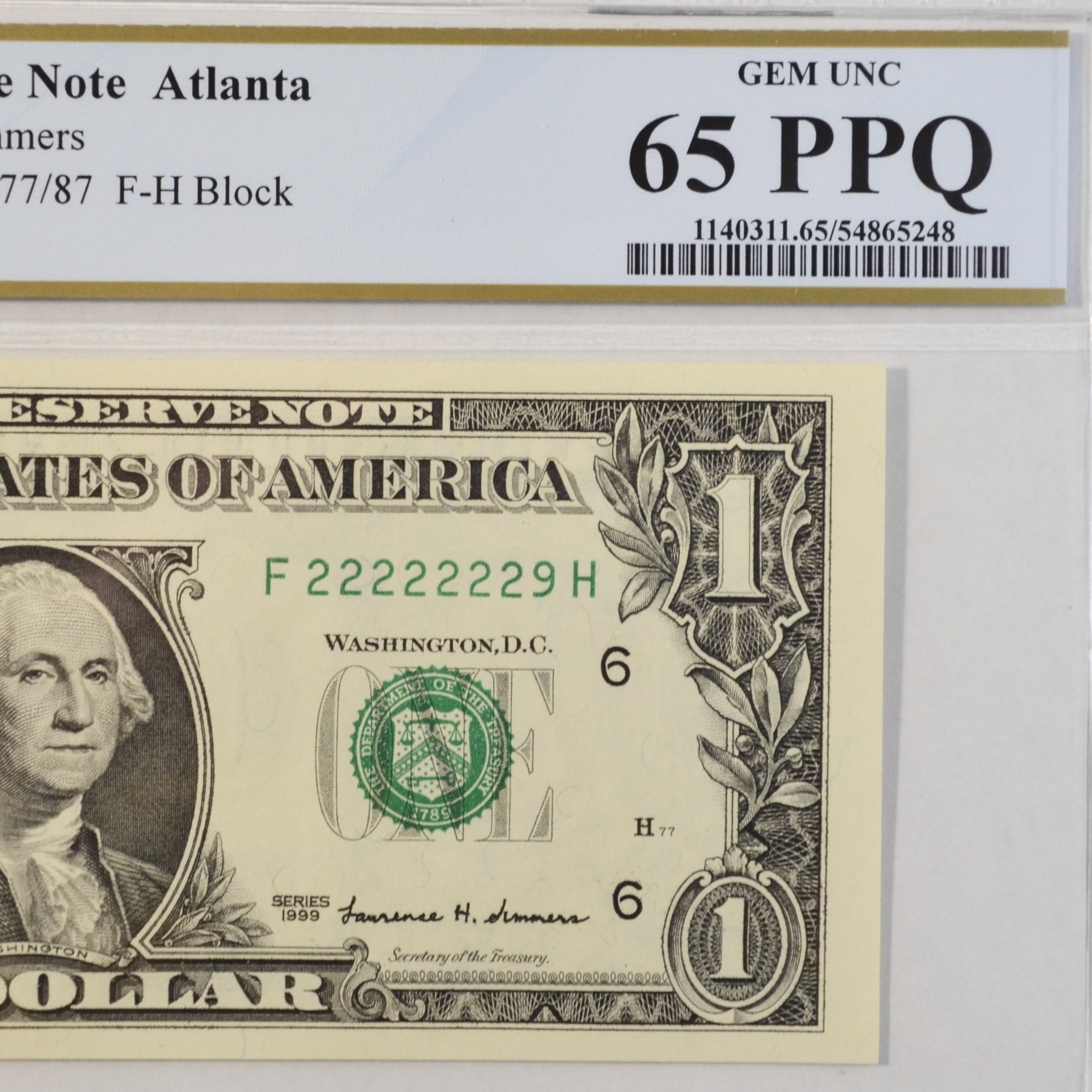 $1 Fancy Serial Number 7 In A Row Near Solid Series 1999 PCGS 65PPQ - F22222229H