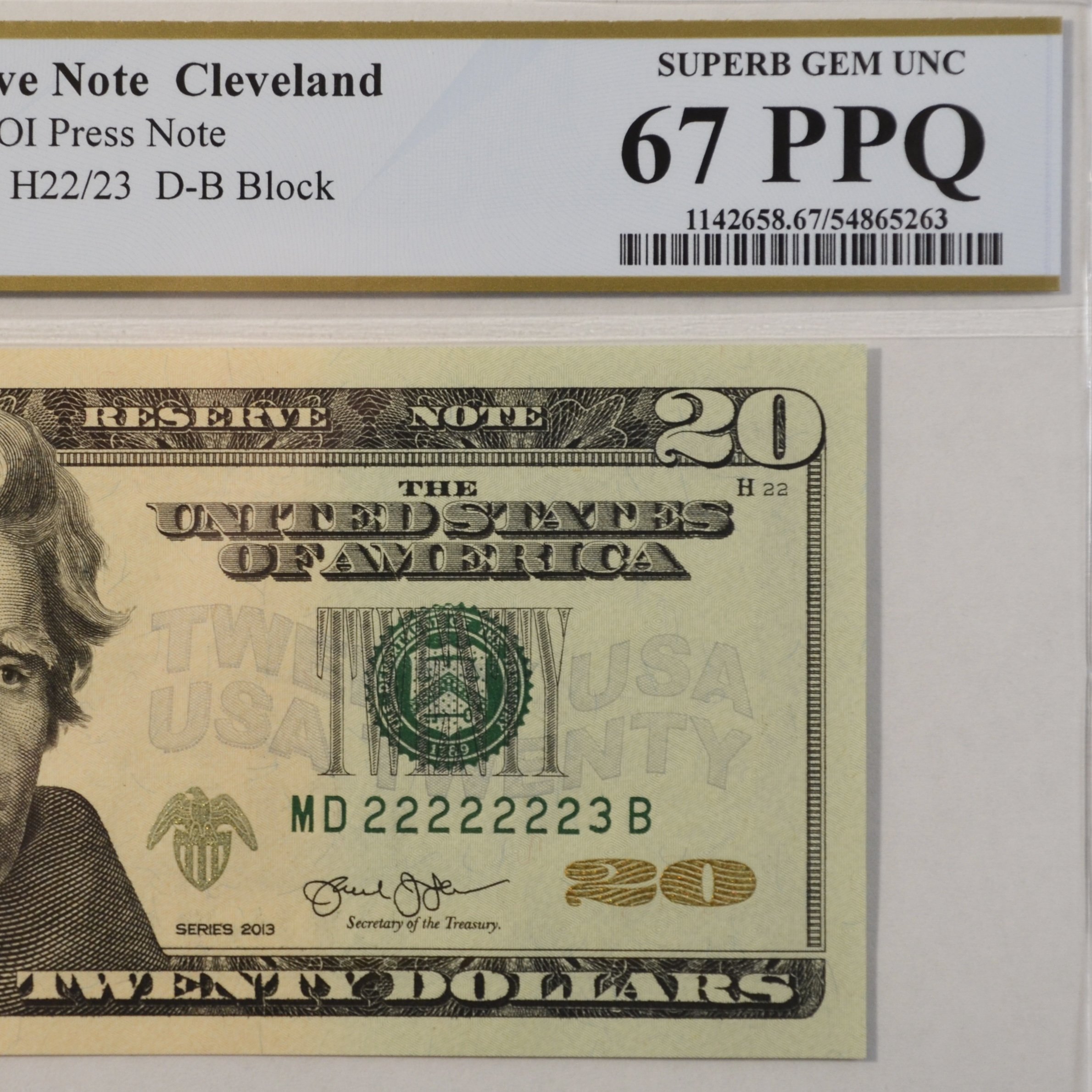 $20 Fancy Serial Note 7 In A Row Near Solid Series 2013 PCGS 67PPQ - MD22222223B