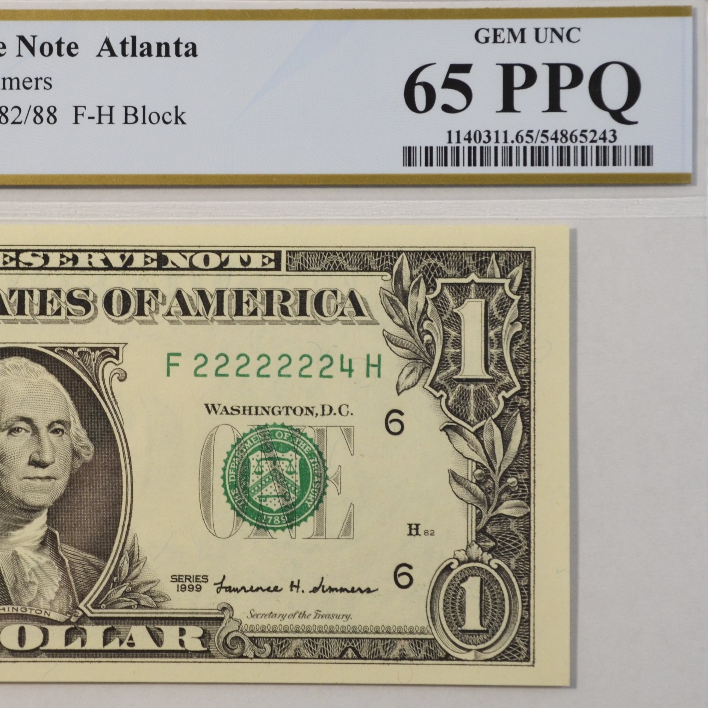 $1 Fancy Serial Number 7 In A Row Near Solid Series 1999 PCGS 65PPQ - F22222224H