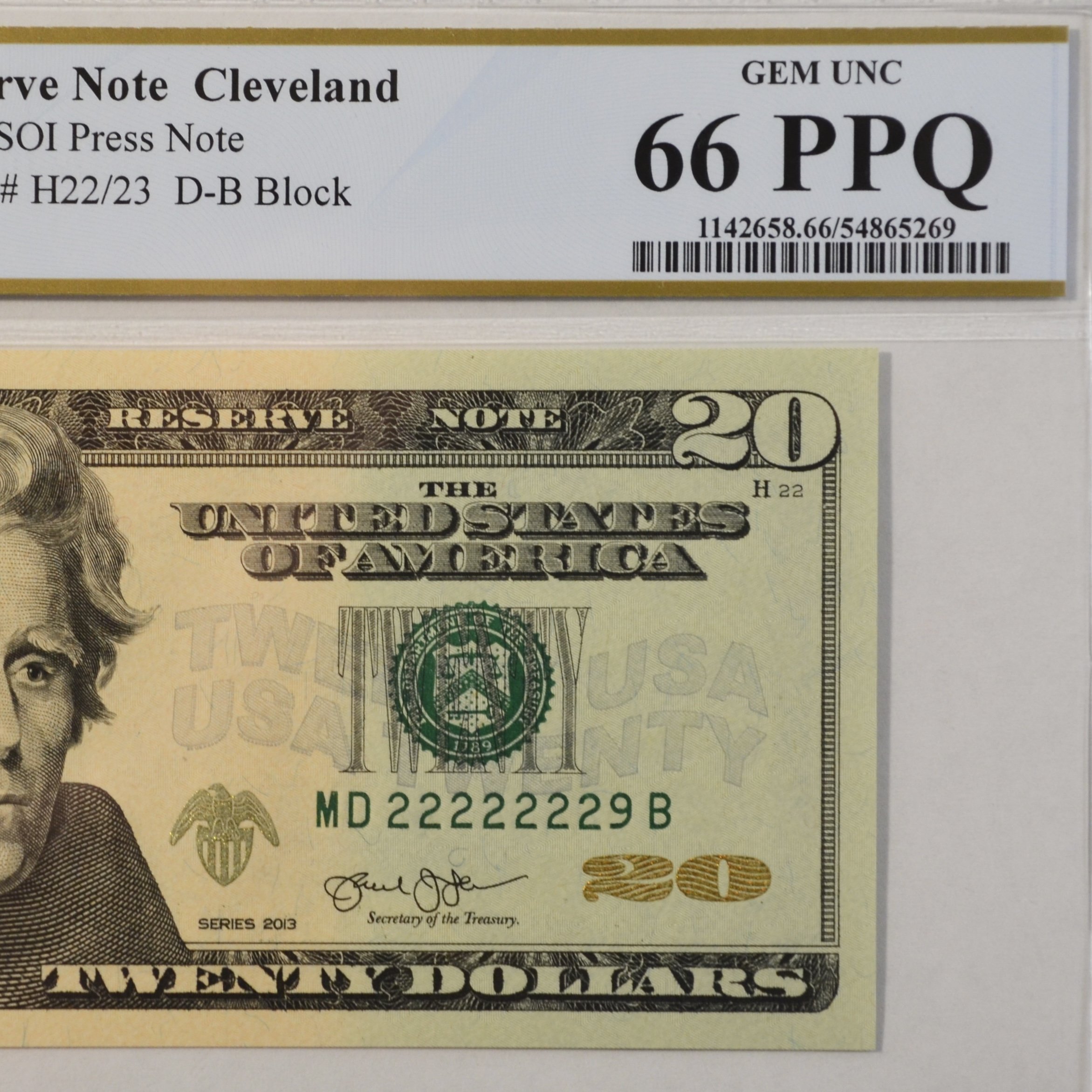 $20 Fancy Serial Note 7 In A Row Near Solid Series 2013 PCGS 66PPQ - MD22222229B