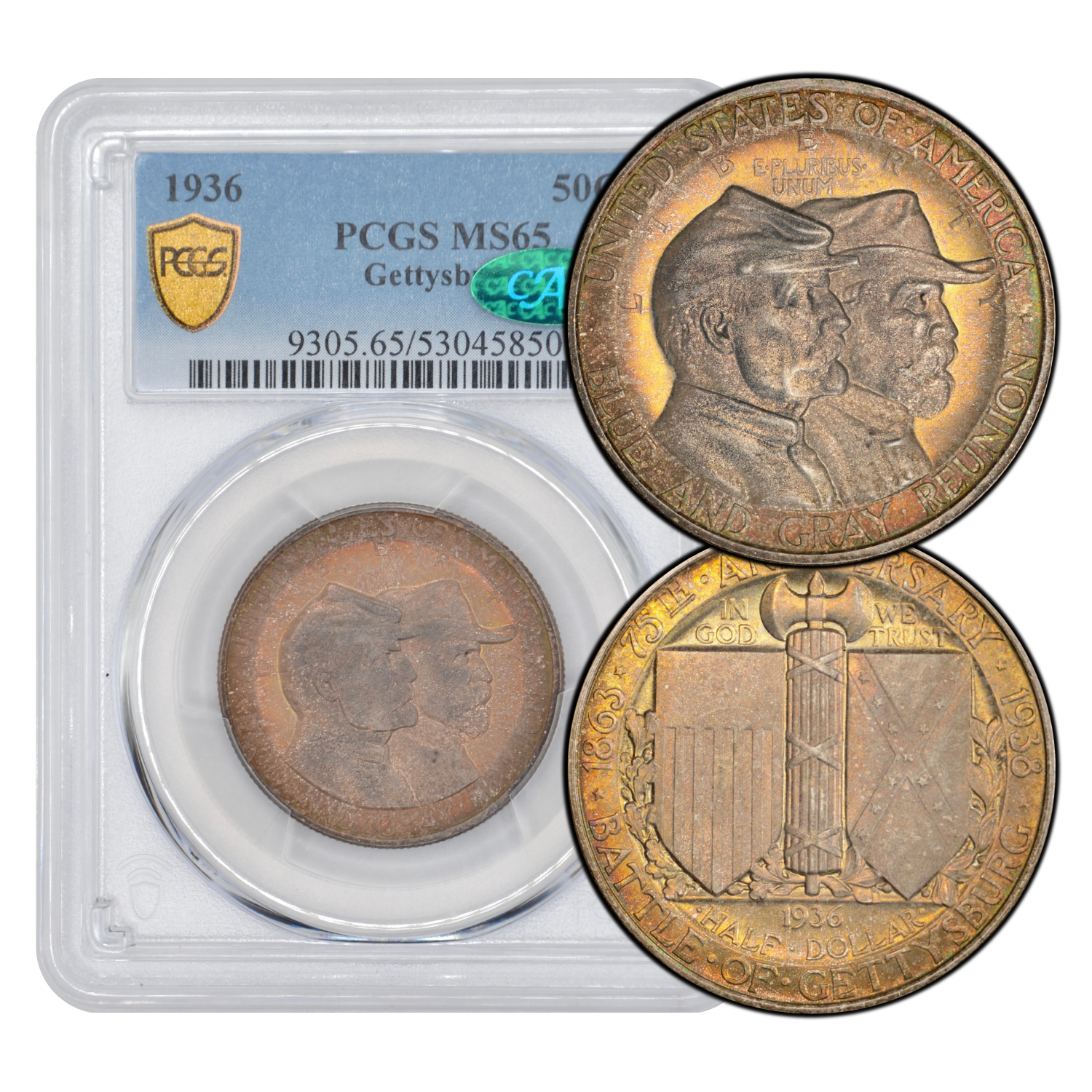 1936 50C Gettysburg Half Dollar PCGS MS65 CAC - Lovely Dual Sided Toning