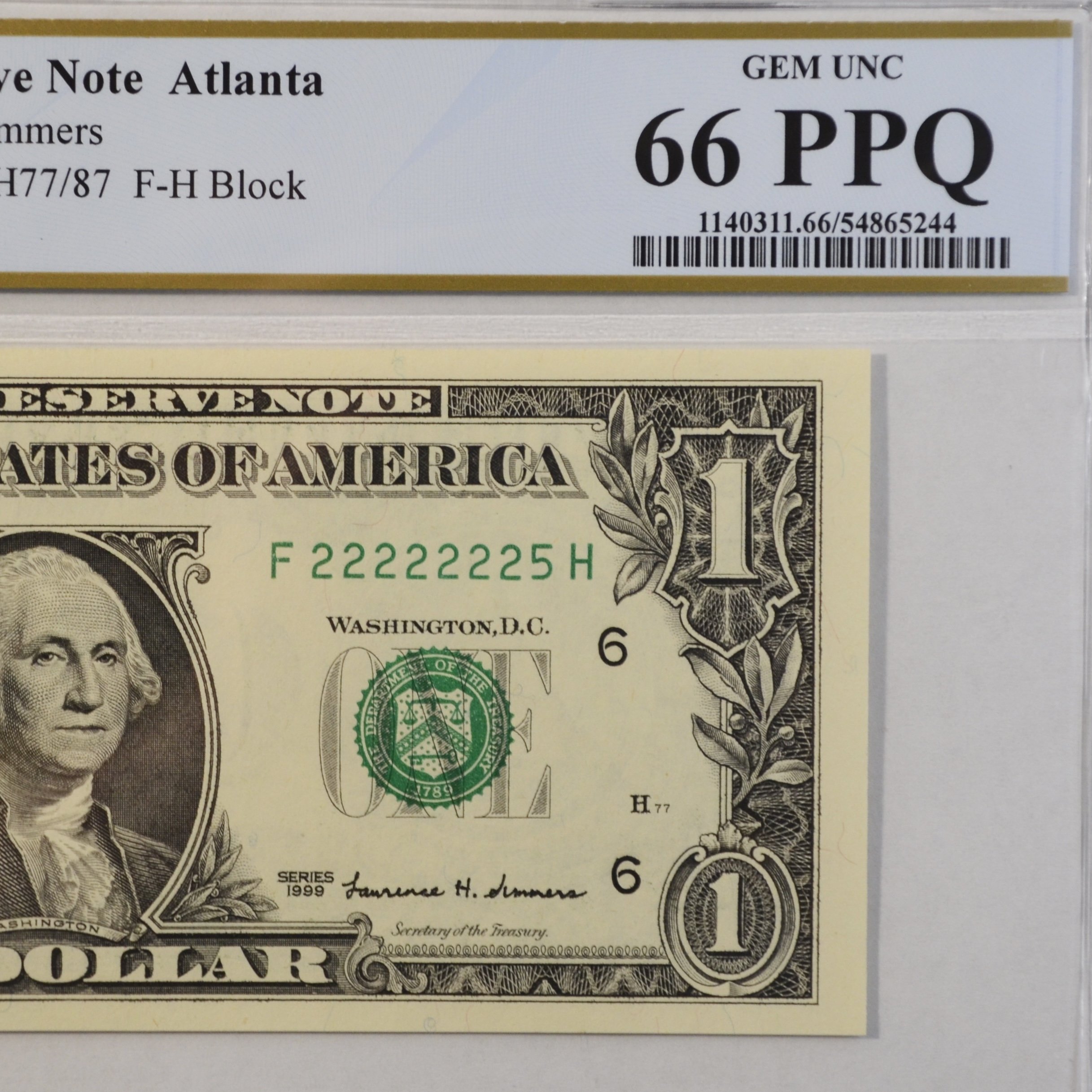 $1 Fancy Serial Number 7 In A Row Near Solid Series 1999 PCGS 66PPQ - F22222225H
