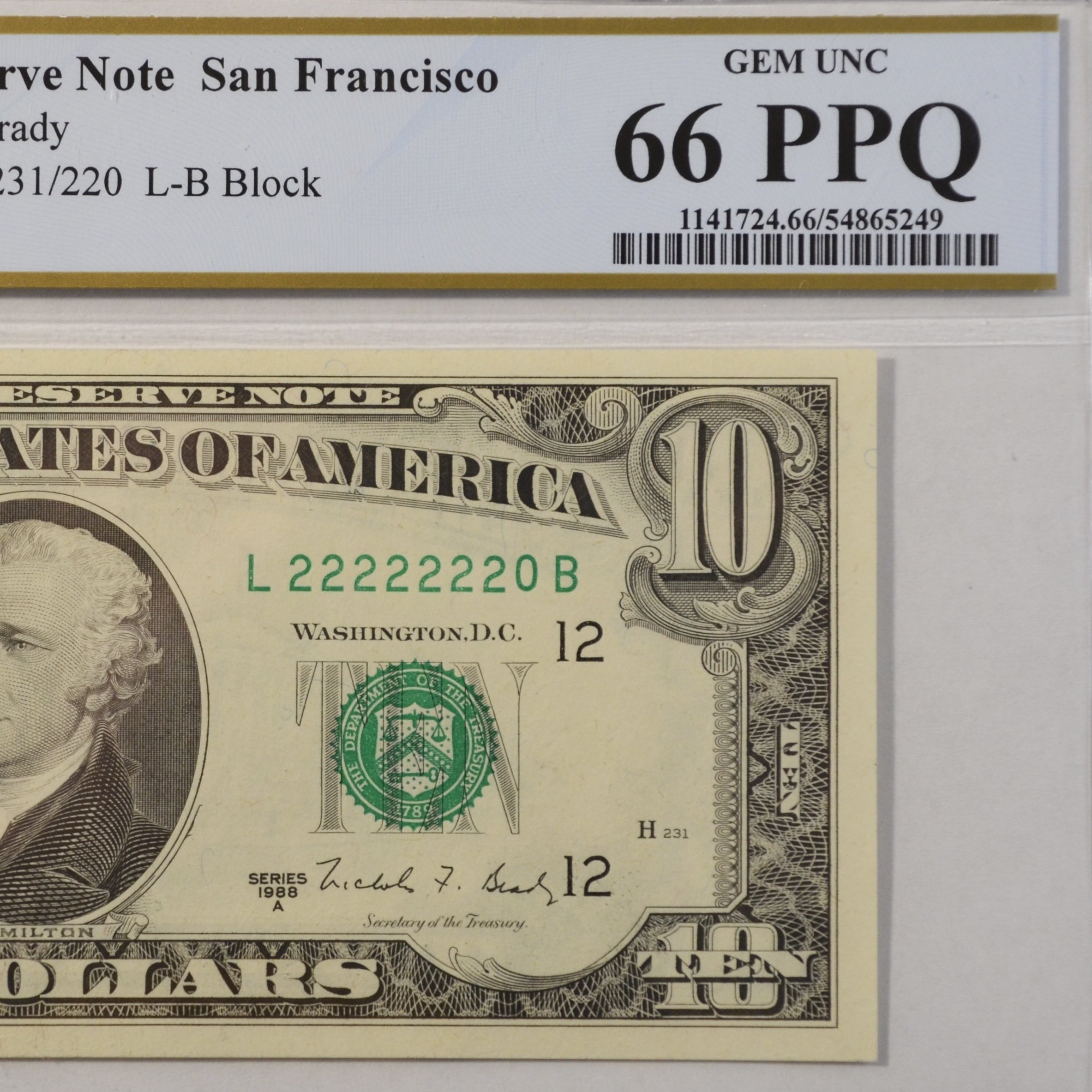 $10 Fancy Serial Note 7 In A Row Near Solid Series 1988A PCGS 66PPQ - L22222220B