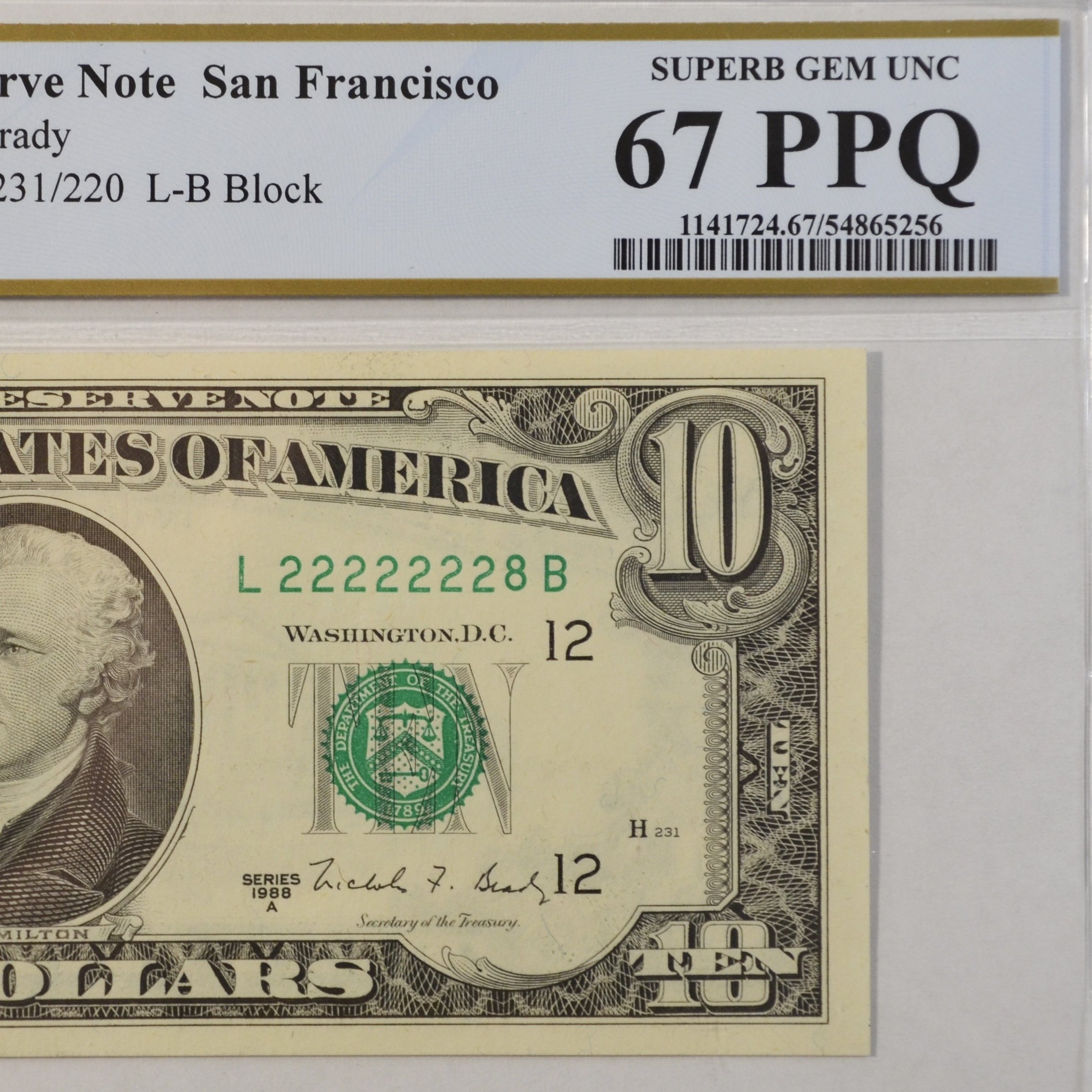 $10 Fancy Serial Note 7 In A Row Near Solid Series 1988A PCGS 67PPQ - L22222228B