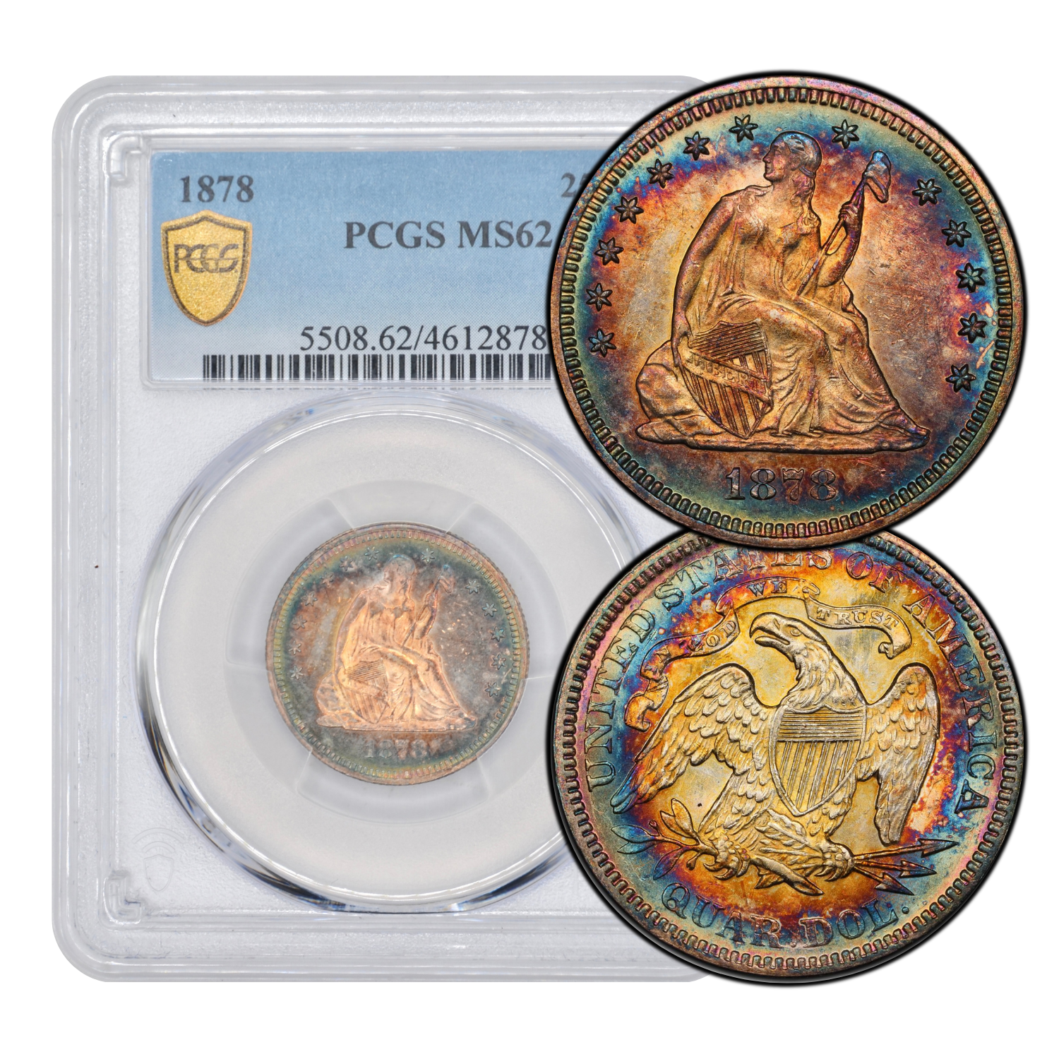 1878 Seated Liberty Quarter PCGS MS62 - Gorgeous Dual Sided Toning