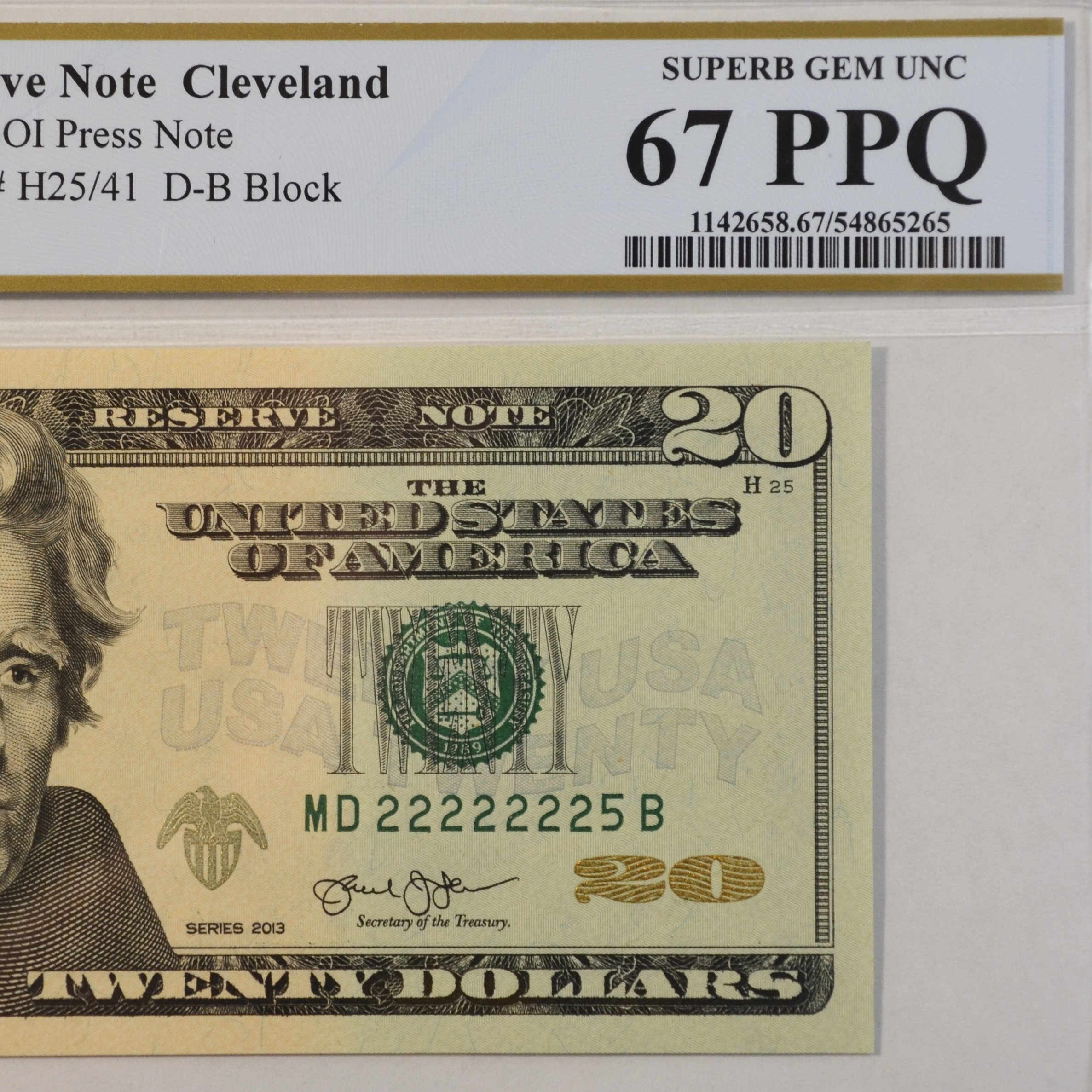 $20 Fancy Serial Note 7 In A Row Near Solid Series 2013 PCGS 67PPQ - MD22222225B