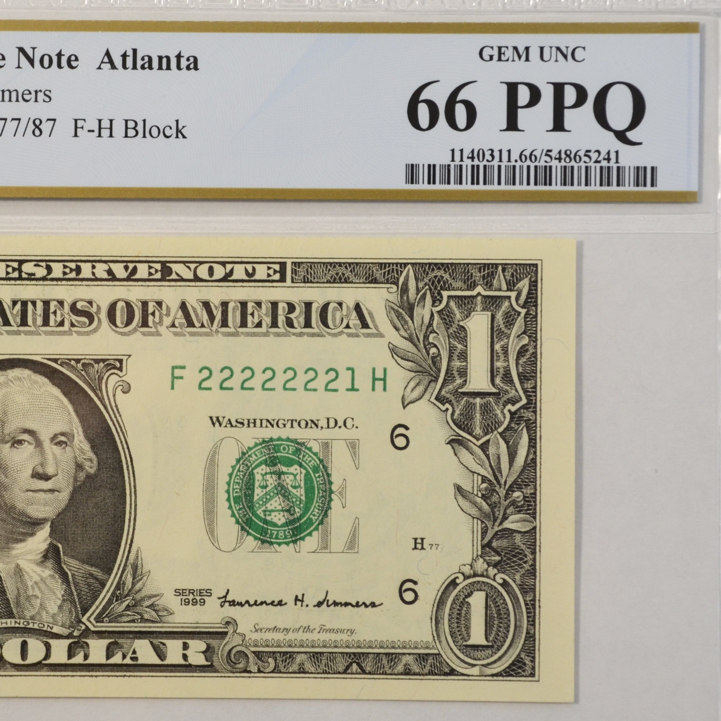 $1 Fancy Serial Number 7 In A Row Near Solid Series 1999 PCGS 66PPQ - F22222221H
