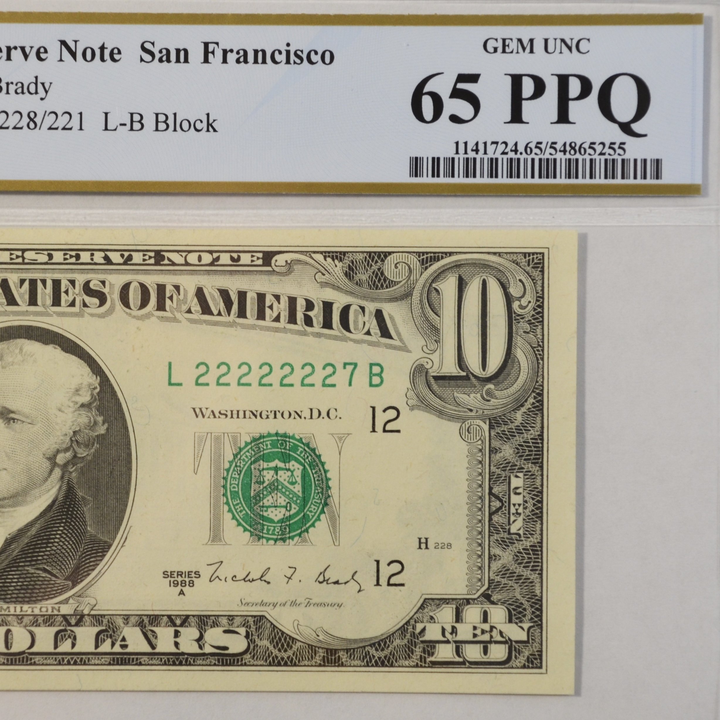 $10 Fancy Serial Note 7 In A Row Near Solid Series 1988A PCGS 65PPQ - L22222227B