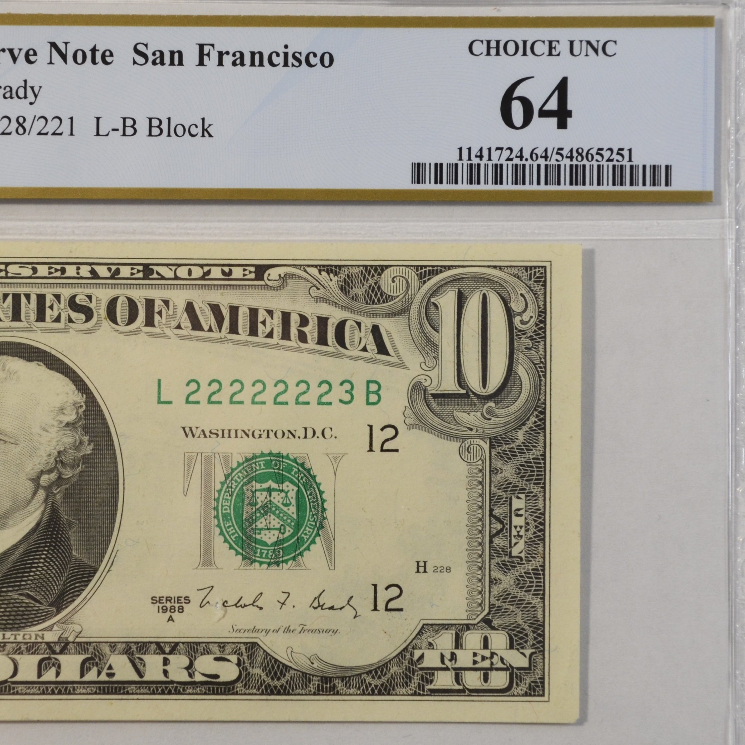 $10 Fancy Serial Note 7 In A Row Near Solid Series 1988A PCGS 64PPQ - L22222223B