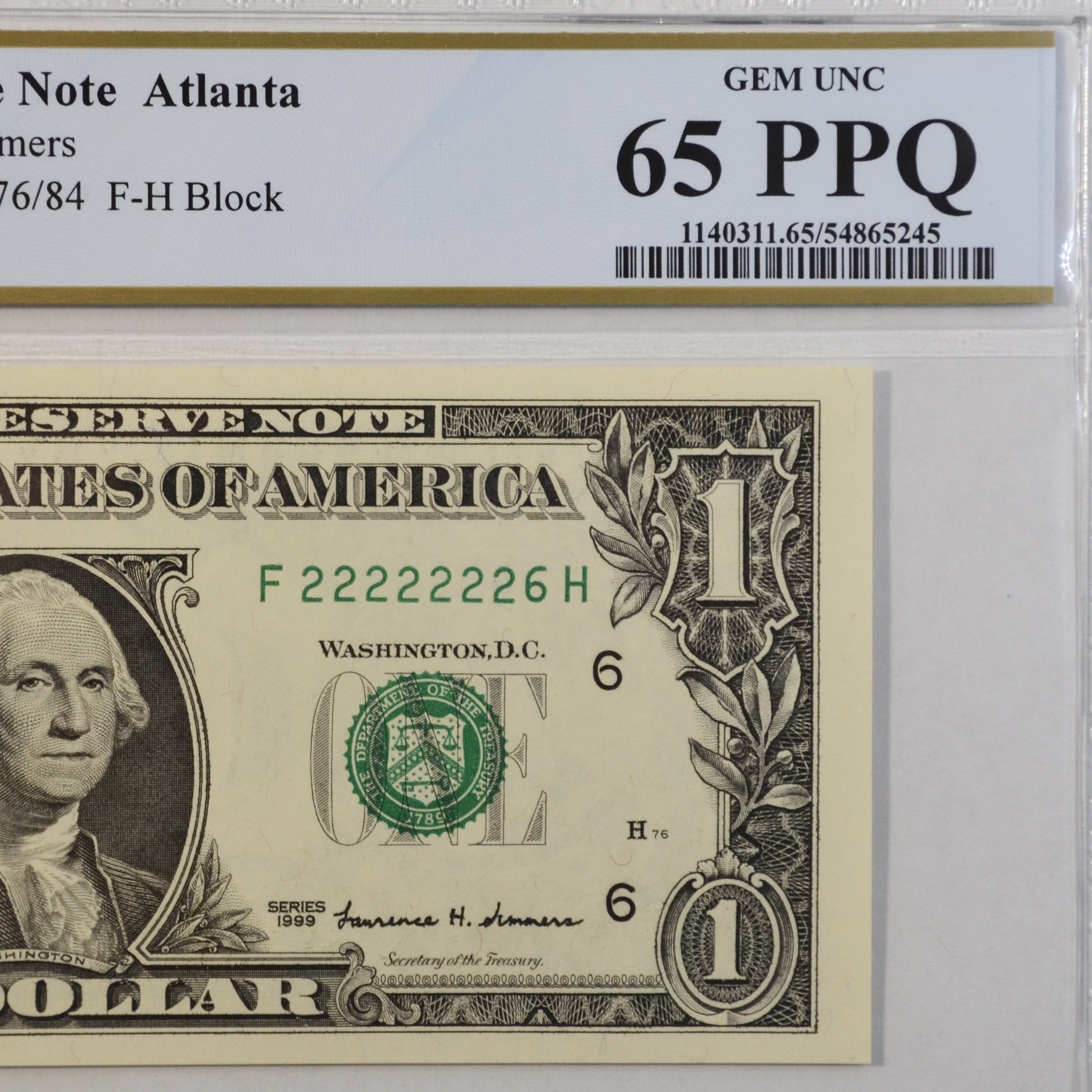 $1 Fancy Serial Number 7 In A Row Near Solid Series 1999 PCGS 65PPQ - F22222226H