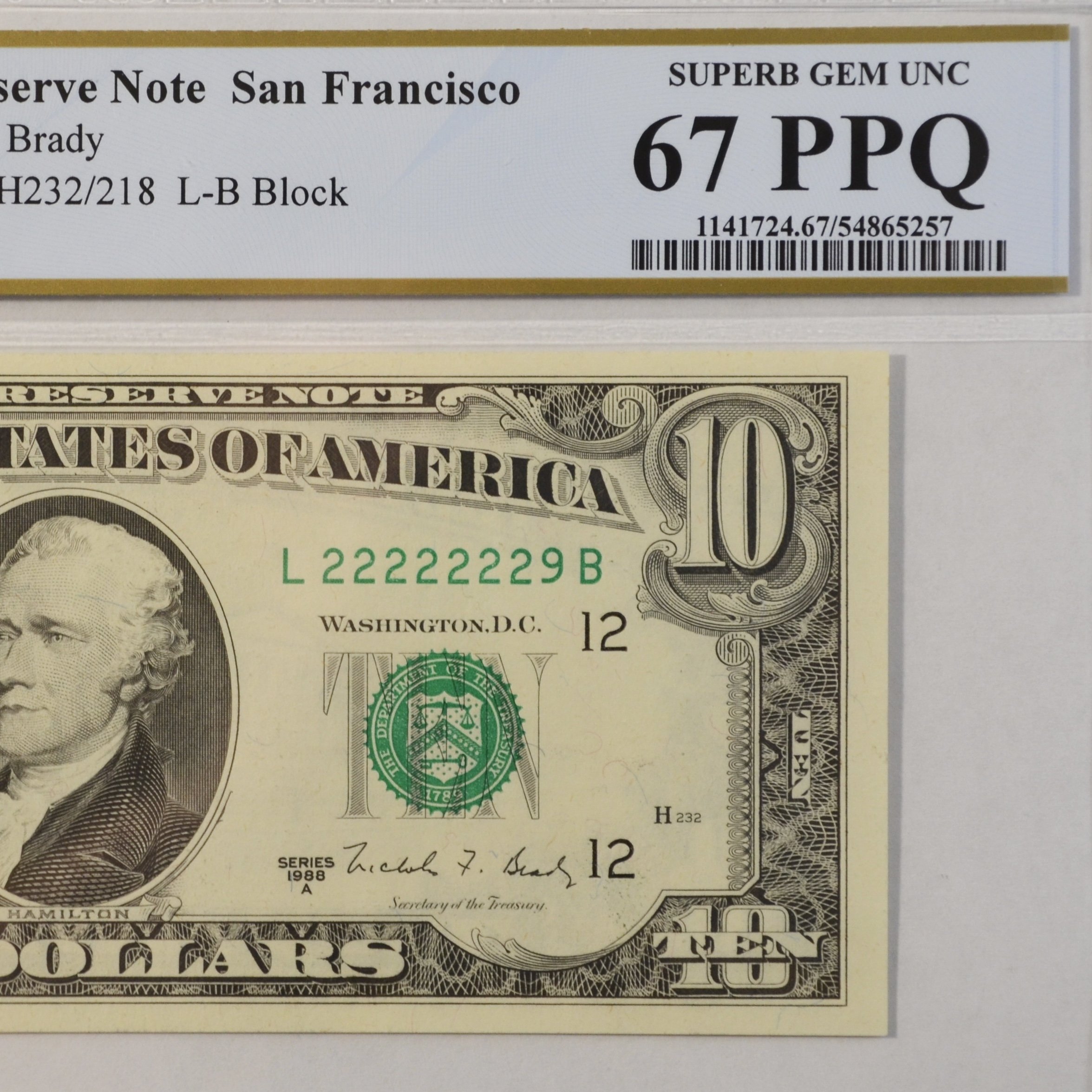 $10 Fancy Serial Note 7 In A Row Near Solid Series 1988A PCGS 67PPQ - L22222229B