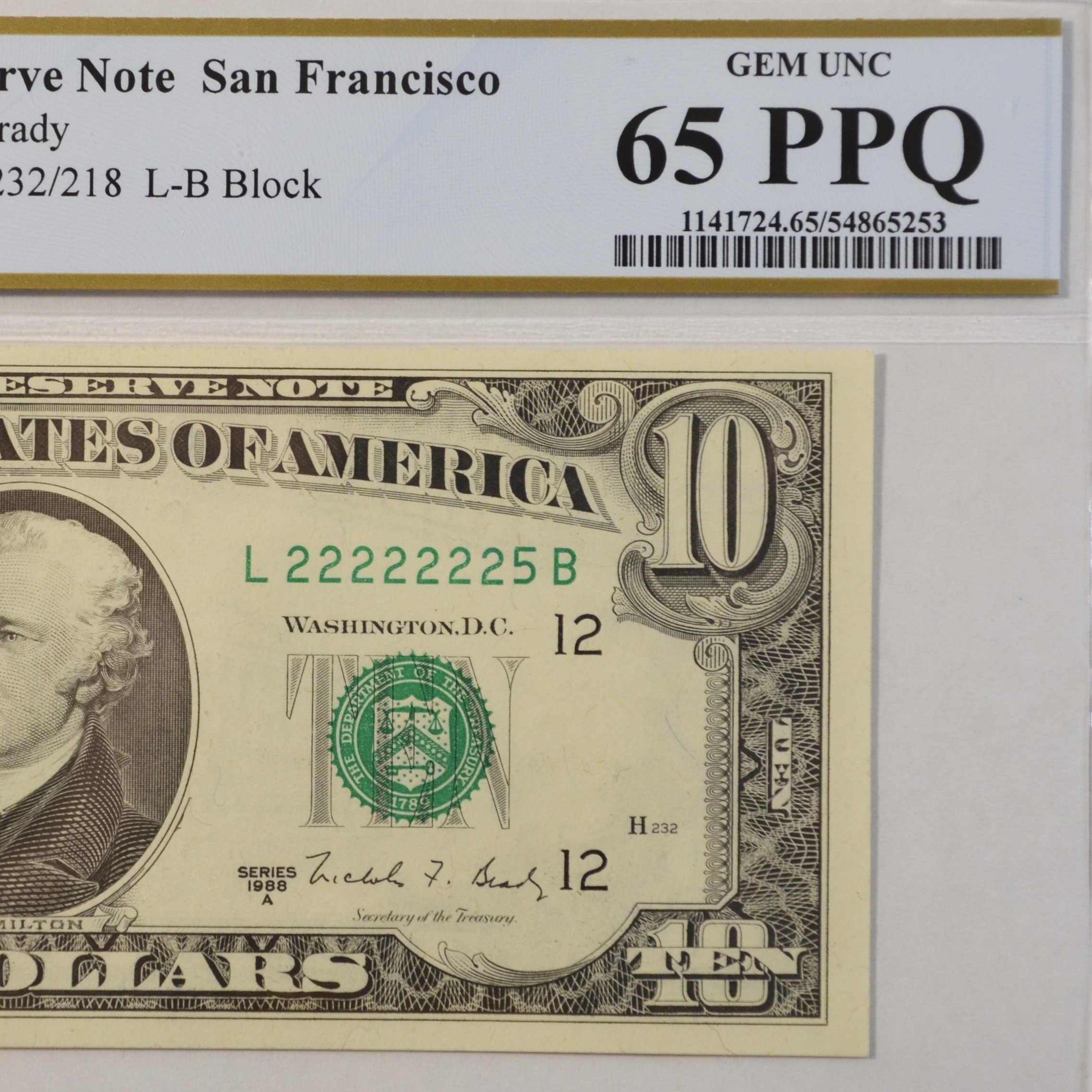 $10 Fancy Serial Note 7 In A Row Near Solid Series 1988A PCGS 65PPQ - L22222225B