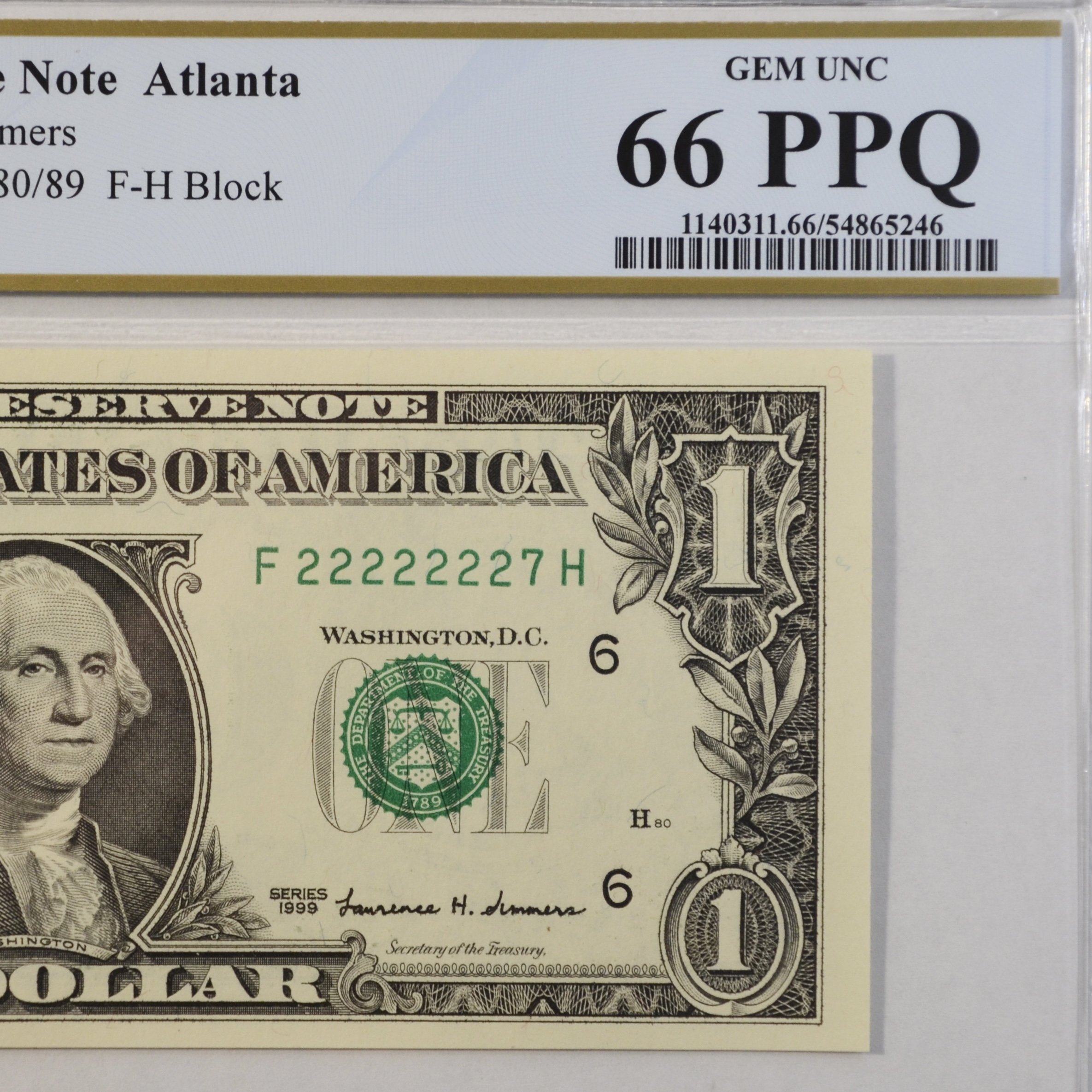 $1 Fancy Serial Number 7 In A Row Near Solid Series 1999 PCGS 66PPQ - F22222227H