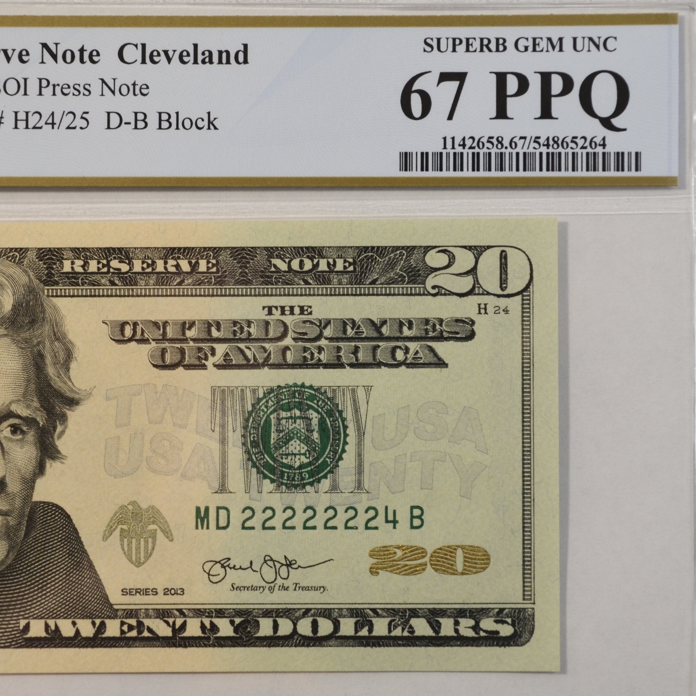 $20 Fancy Serial Note 7 In A Row Near Solid Series 2013 PCGS 67PPQ - MD22222224B