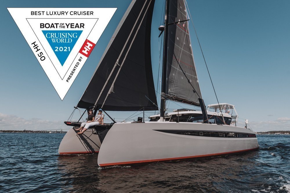 HH50 sailing with Boat of the Year award logo