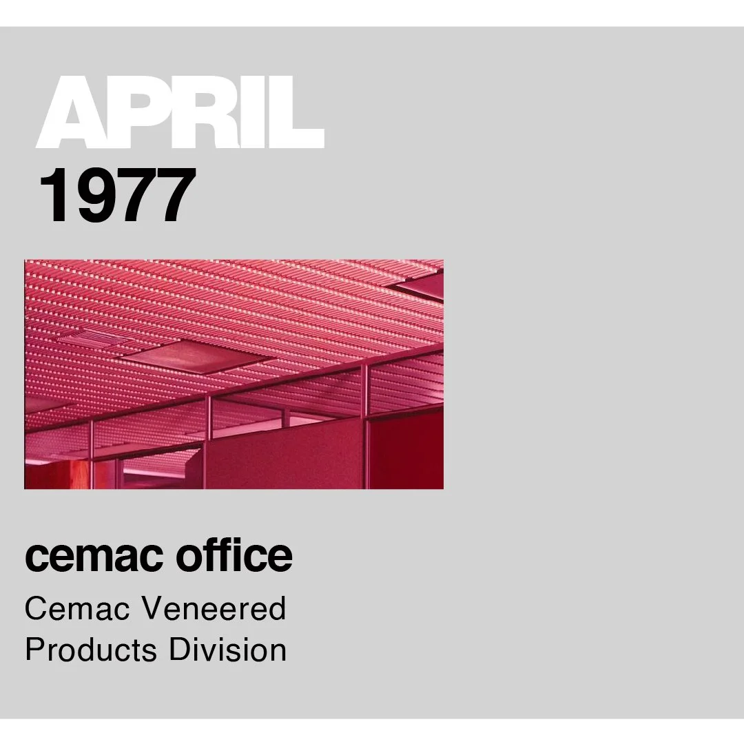 A graphic design poster for April 1977 showing a pink-tinted photo of an office ceiling and glass walls, with text indicating it's about the CEMAC office, Cemac Veneered Products Division.