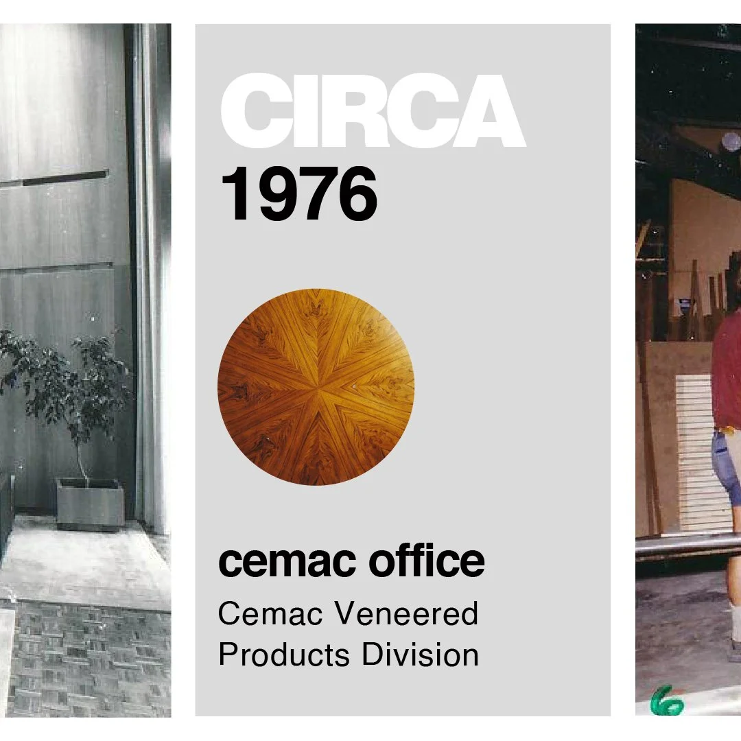 A graphic design referencing the CEMAC office, with the year 1976, featuring a wooden circular pattern, and text indicating it belongs to the Cemac Venereal Products Division.