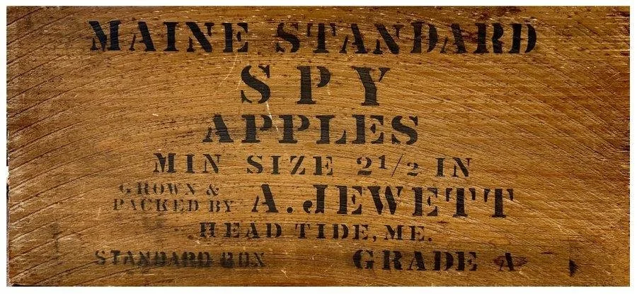A. Jewett crate end stamped MAINE STANDARD SPY APPLES