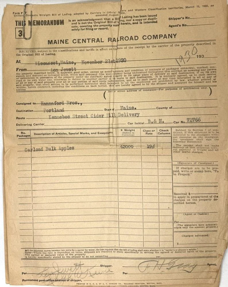 Maine Central Railroad bill of lading, November 21, 1930