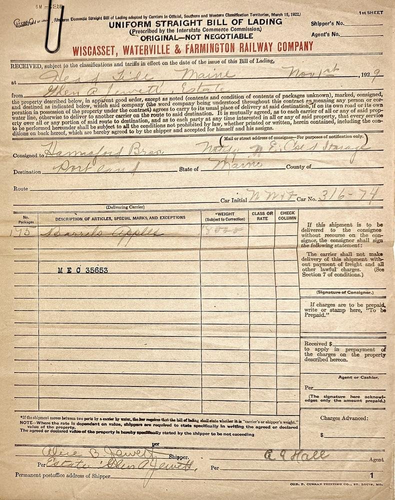 WW&F Railway bill of lading, November 1, 1929
