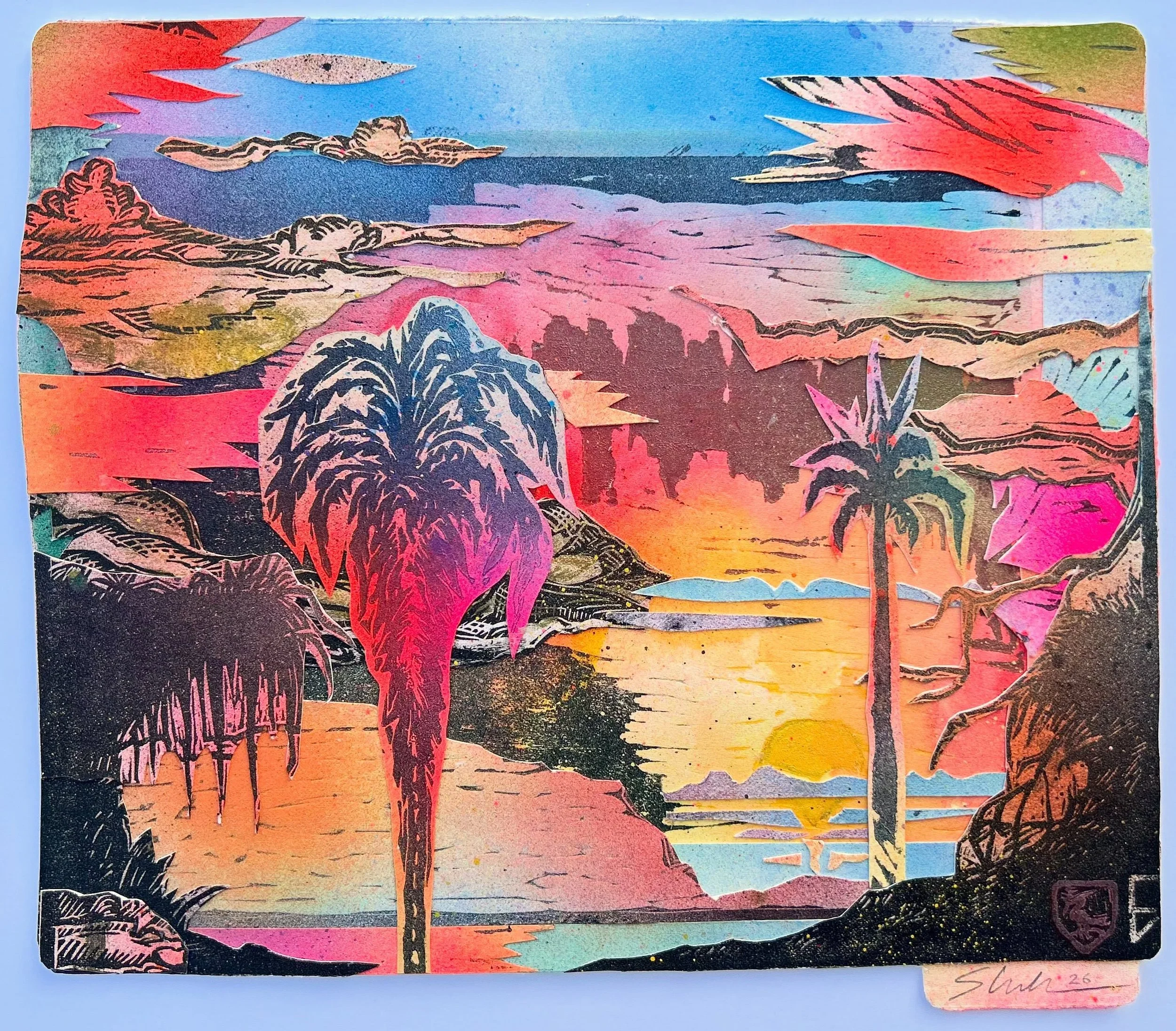 La Selva Cove. 2026. Collaged oil based woodcut and linoleum print segments over acrylic on Fabriano paper with water based spray paint additions. (9 x 10 in.)
&bull;
La Selva Cove will be on view and for sale at my studio this coming weekend as part