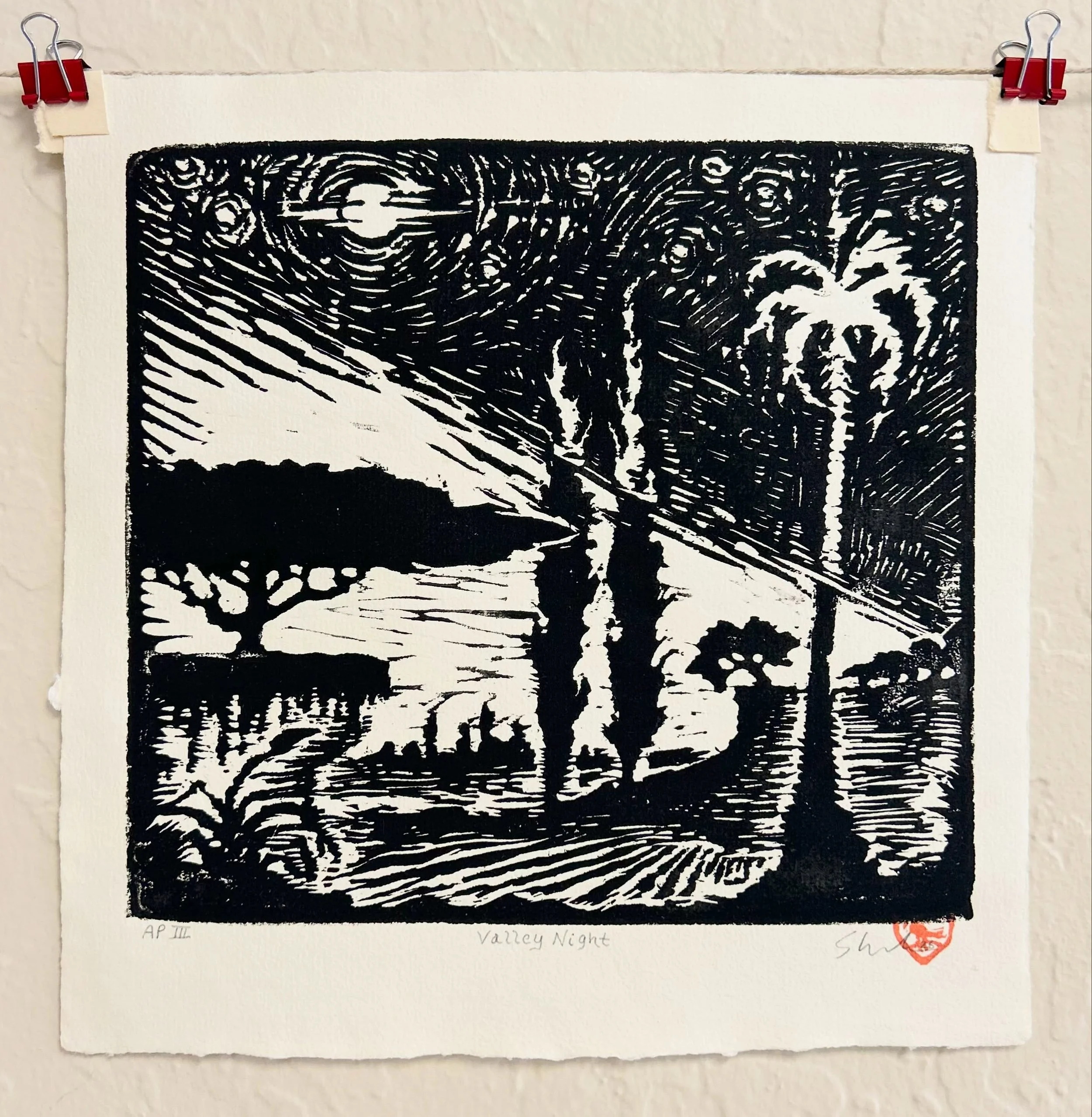 *Fresh off the press and in time for Santa Cruz Open Studios:

 Valley Night (AP III). 2026, Oil based woodcut print on off-white paper. (7 x 8 in.) Signed and stamped lower right, from an edition of twelve with three artist&rsquo;s proofs.
&bull;
&l