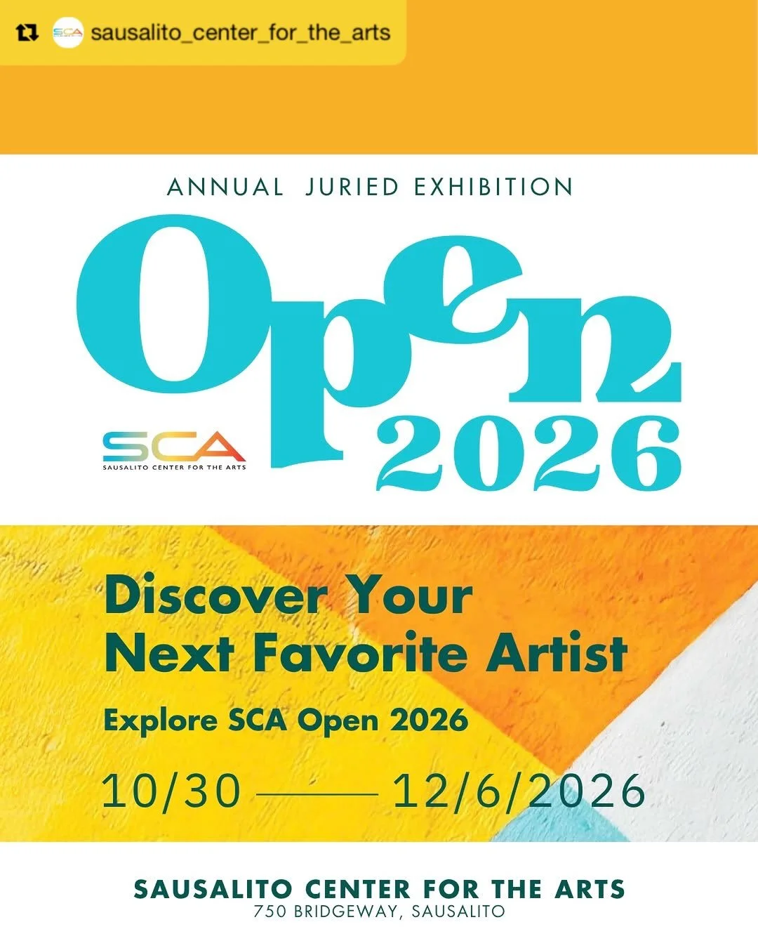 Repost from @sausalito_center_for_the_arts
&bull;
Thanks for the invitation @sausalito_center_for_the_arts and jurors, looking forward to the exhibition!
&bull;
The Sausalito Center for the Arts is proud to present SCA Open 2026, our annual juried ex