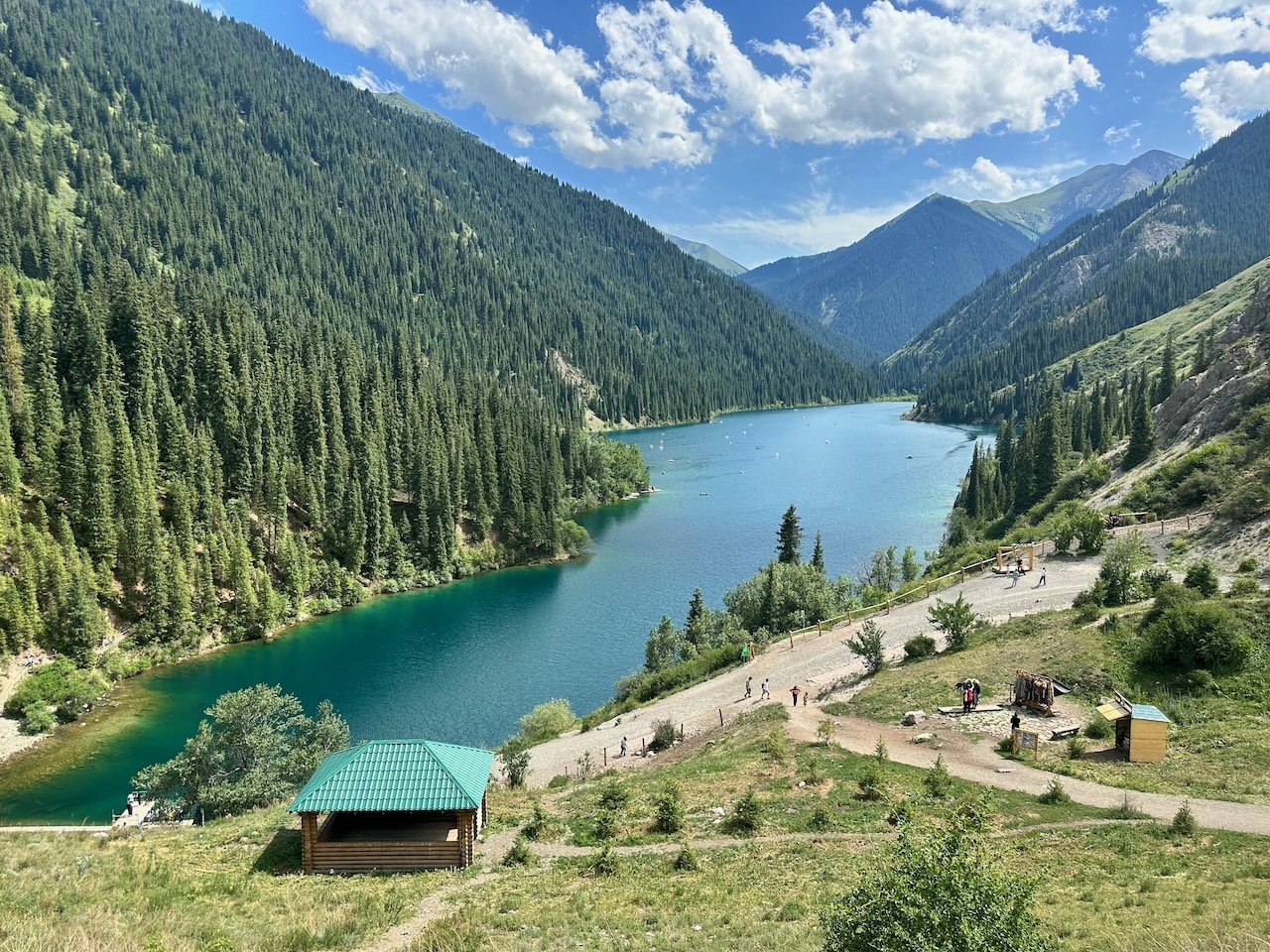 The first Kolsai Lake, also known as Kolsai 1. Visitors can take a catamaran to explore the lake, dine at one of the many restaurants lake side, or take a stroll around the lake