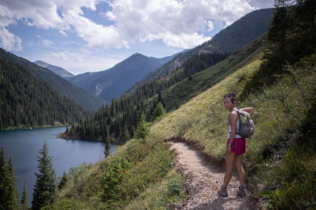 On the hike to the second, or middle, Kolsai Lake (Kolsai 2). My hand is mid-pocket grabbing for a snack - probably some dates? Photo credit to Erwaan F.