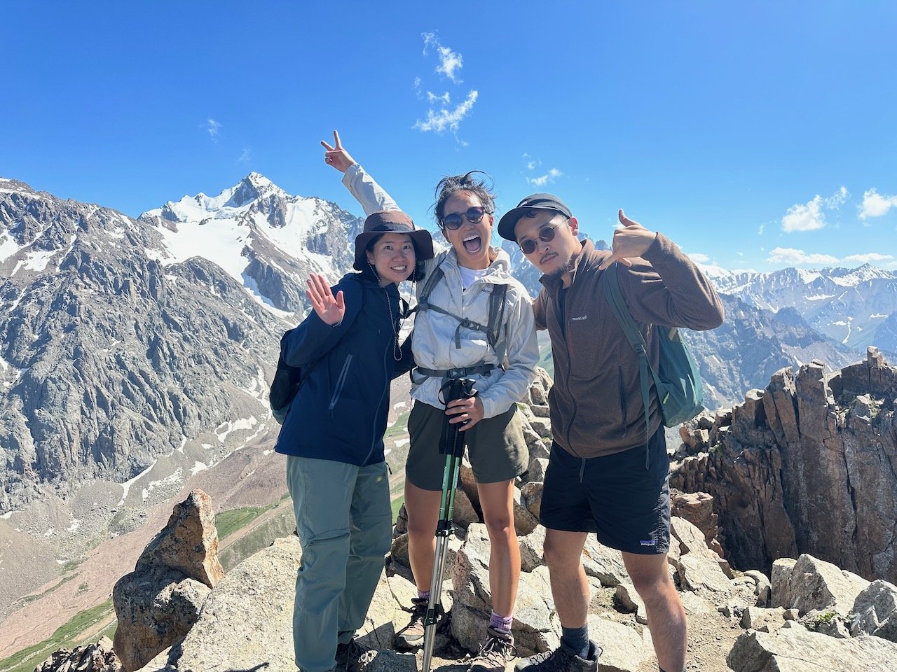 Three successful hikers celebrating making it to Shymbulak Peak (the third on this hike) and for making it in time to catch the ski lift right before it closes - hurrah! Otherwise we’d have to walk an additional 45 min.