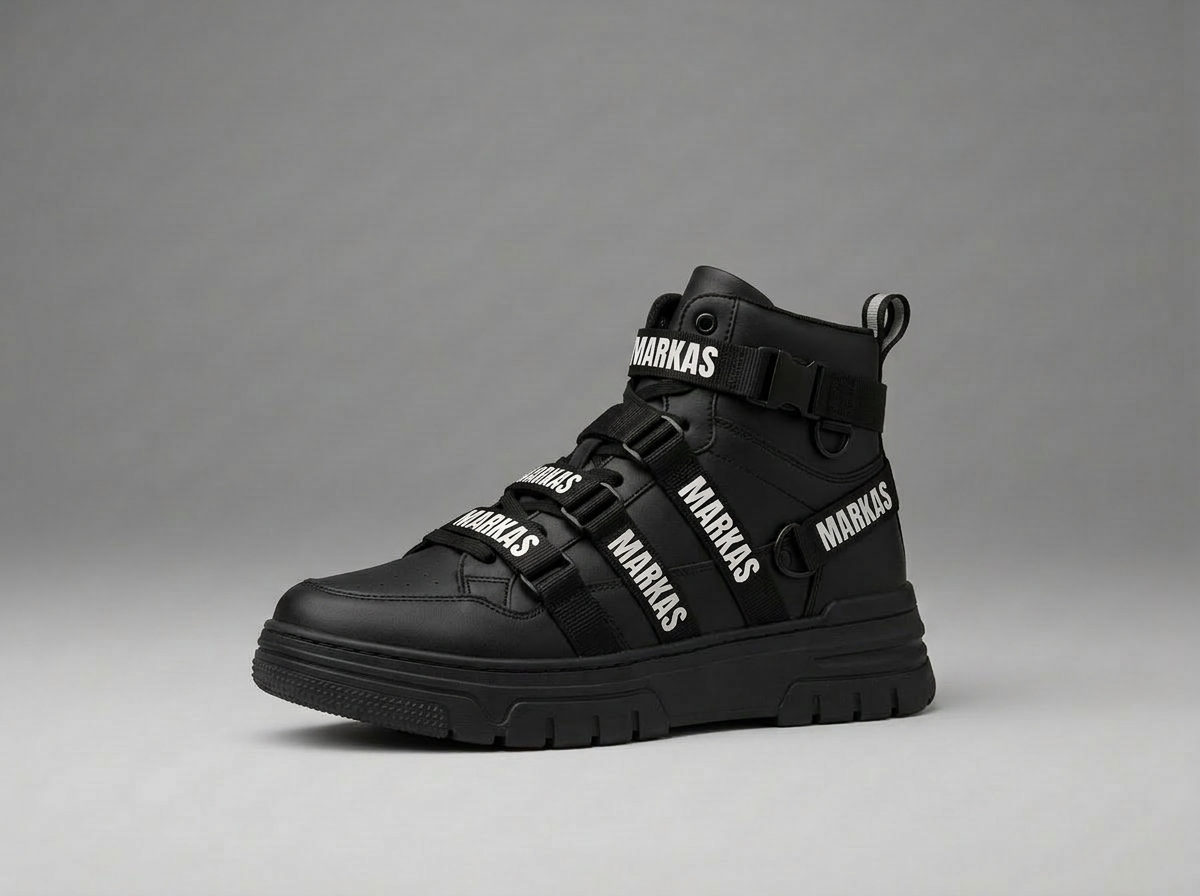 Firefly_Gemini Flash_MAKE WHITE SNEAKER BALCK AND PLACE WHITE MARKAS LOGO IN ANTON FONT AND ON EVERY STRAP 909316.png