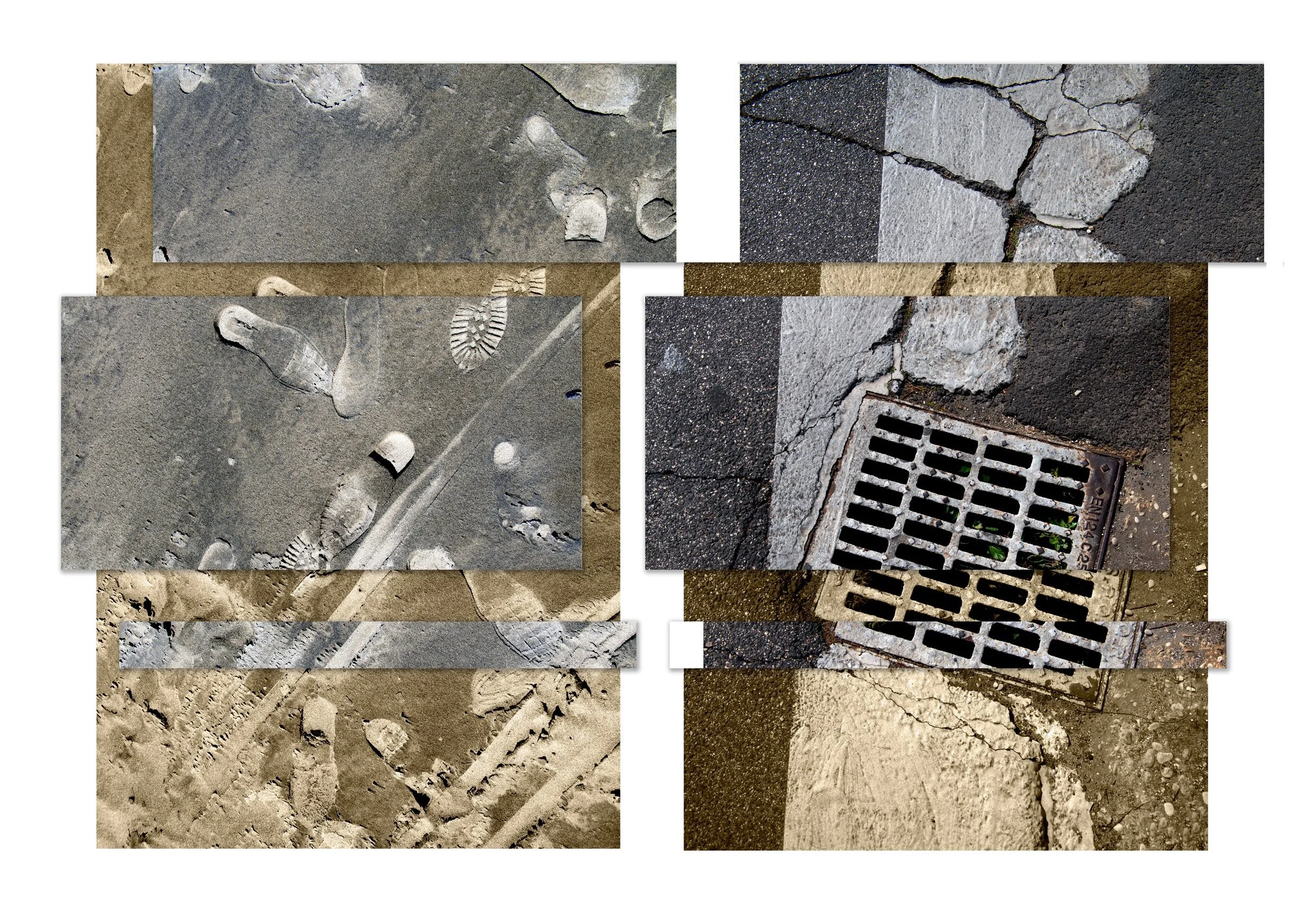 Collage of various sidewalk and street elements including footprints, tire tracks, cracks, a drain grate, and sidewalk textures.