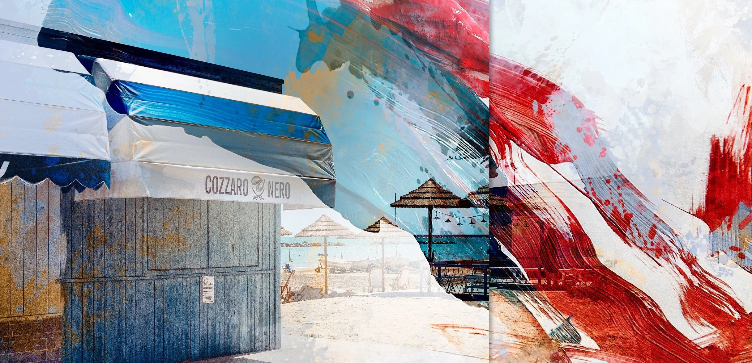 Beach scene with beach umbrellas and cabanas, painted with abstract brush strokes in red, blue, and beige colors.