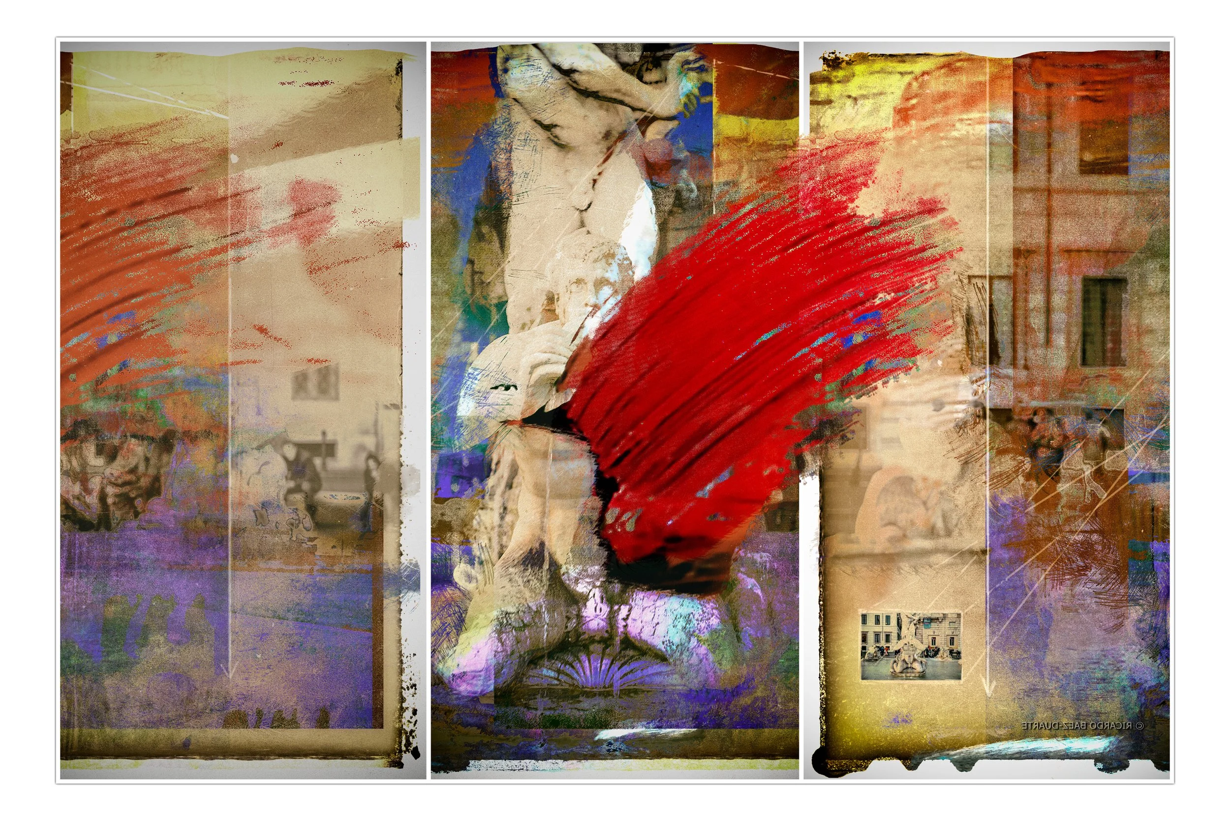 Abstract digital artwork with layered images, including a statue, a red brushstroke, city scenes, and textured backgrounds.