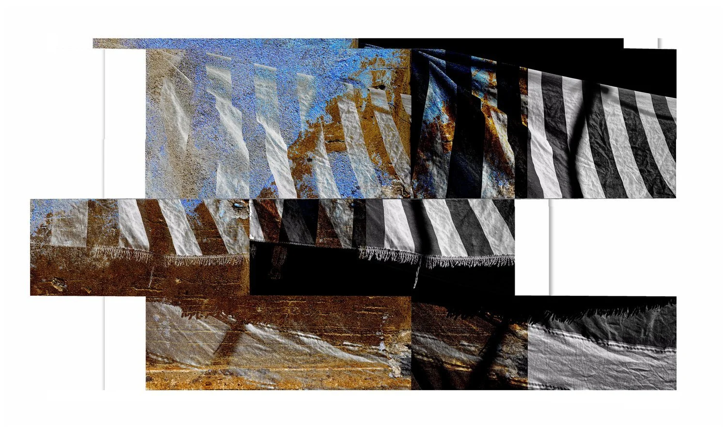 Abstract layered collage with photographs of fabric and rusted metal, featuring striped patterns and textures.