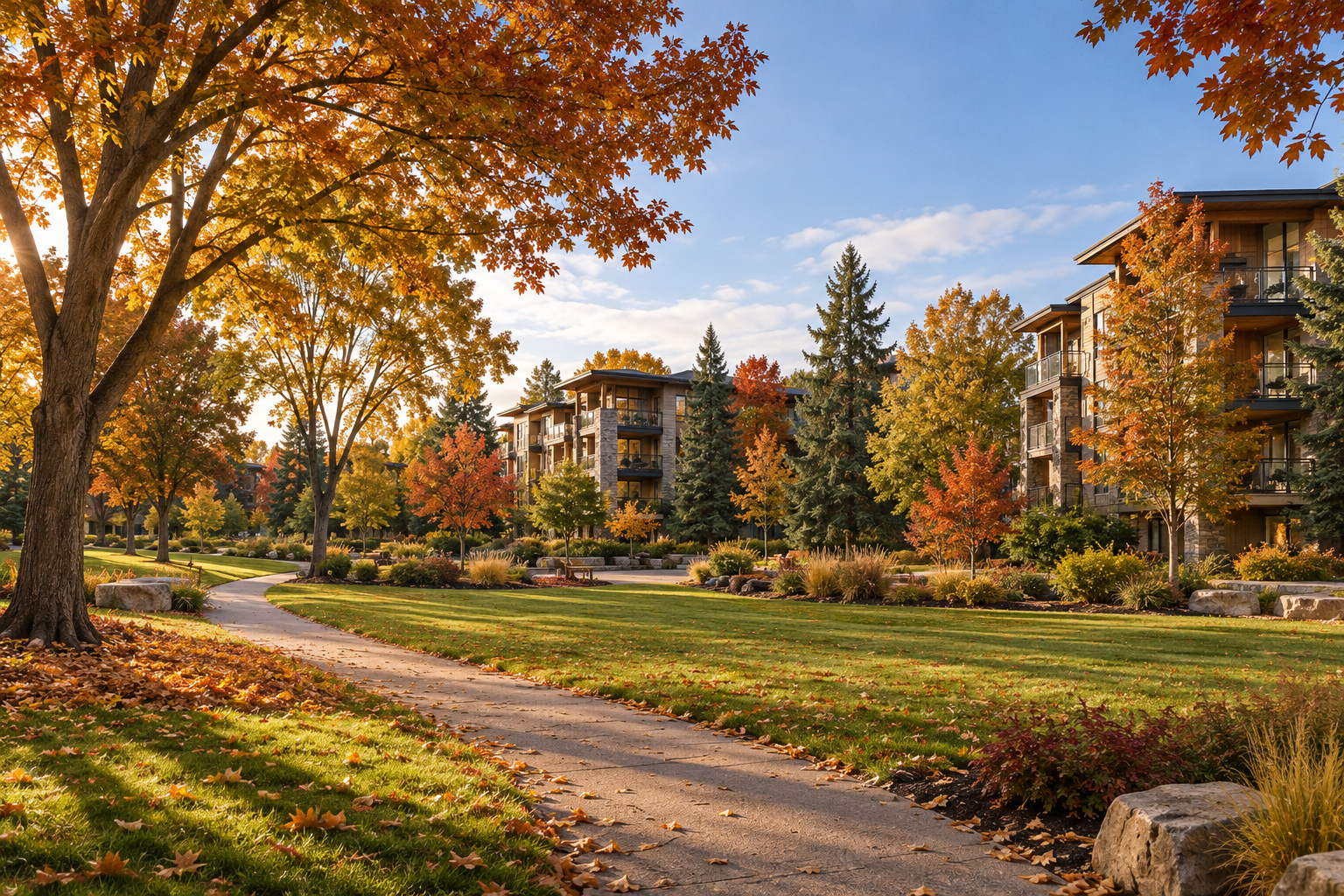 Illustrative concept of residential buildings within landscaped parkland, with green lawns, walking paths and mature autumn trees.
