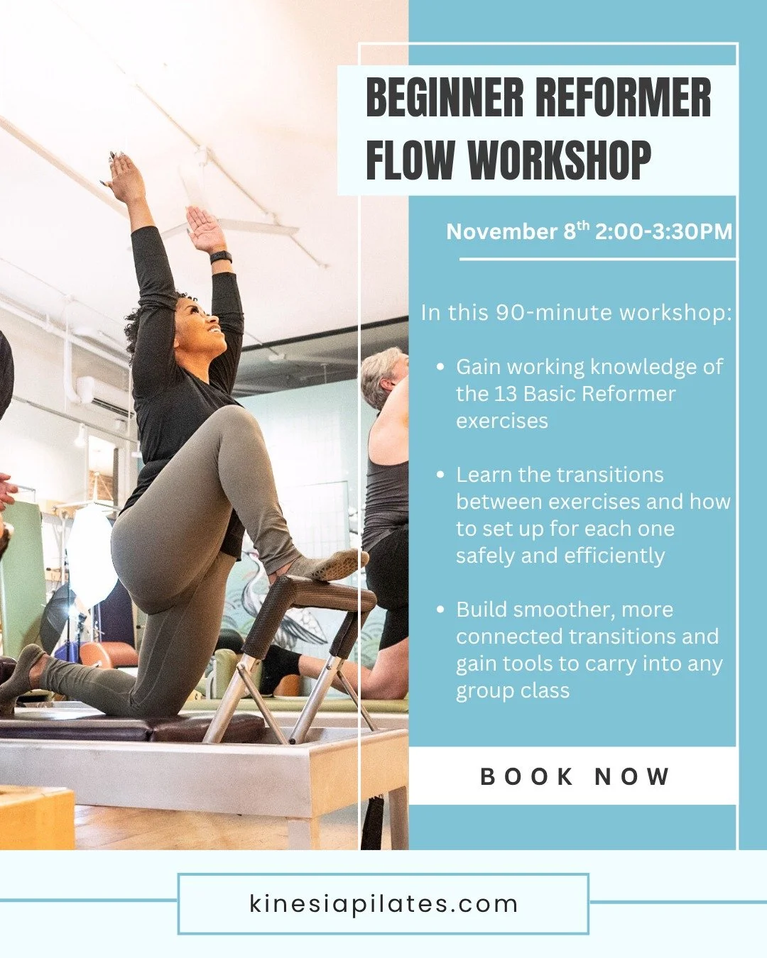 New to authentic Pilates and looking to join group classes? 💪 Join us for our Beginner Reformer Flow Workshop!
This 90-minute workshop is designed to help you move with confidence, connection, and ease in your Pilates classes.

✨ Learn the 13 Basic 
