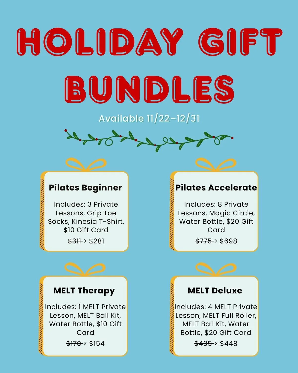 Give the Gift of Wellness This Season! 🎁✨

This holiday season, choose from 4 exclusive Holiday Gift Bundles to bring strength, confidence, and a dedicated moment of self-care to that Pilates or MELT lover in your life 💪🌀

Why buy more *stuff* whe