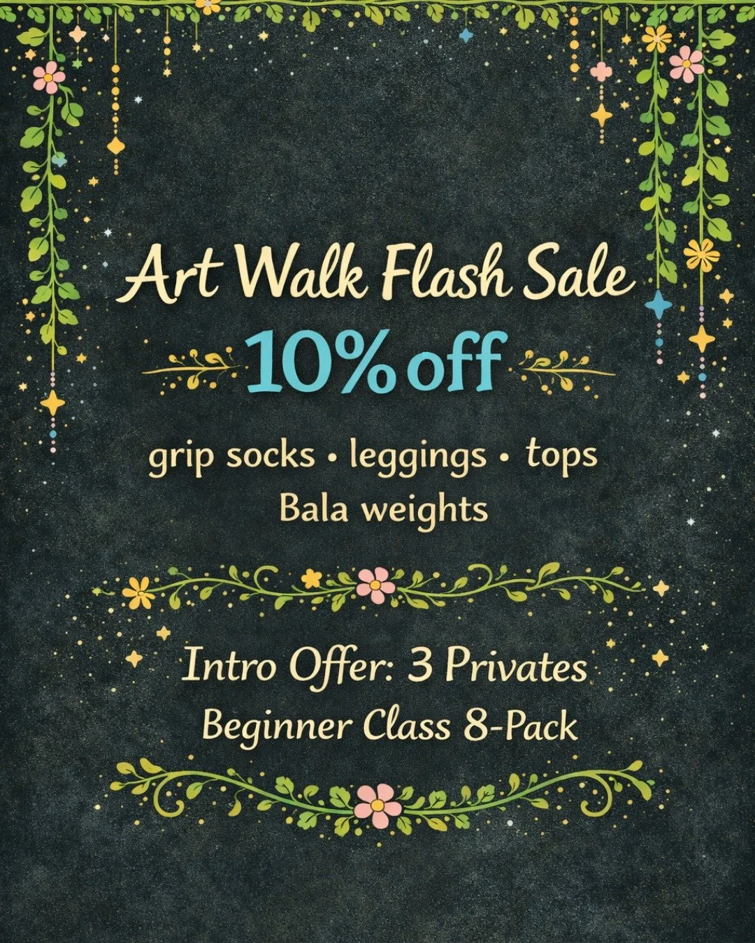 🎨 Stop by this Thursday during the Pioneer Square Art Walk to take advantage of our exclusive Art Walk Flash Sale! ✨

10% off retail:
🧦 grip socks
🤸 leggings
👕 tops
💪 Bala weights

Also save 10% on our intro offers:
✨ Intro Offer: 3 Privates
✨ B