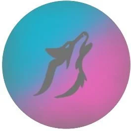 Gray silhouette of two wolves howling against a circular gradient background of blue, purple, and pink.