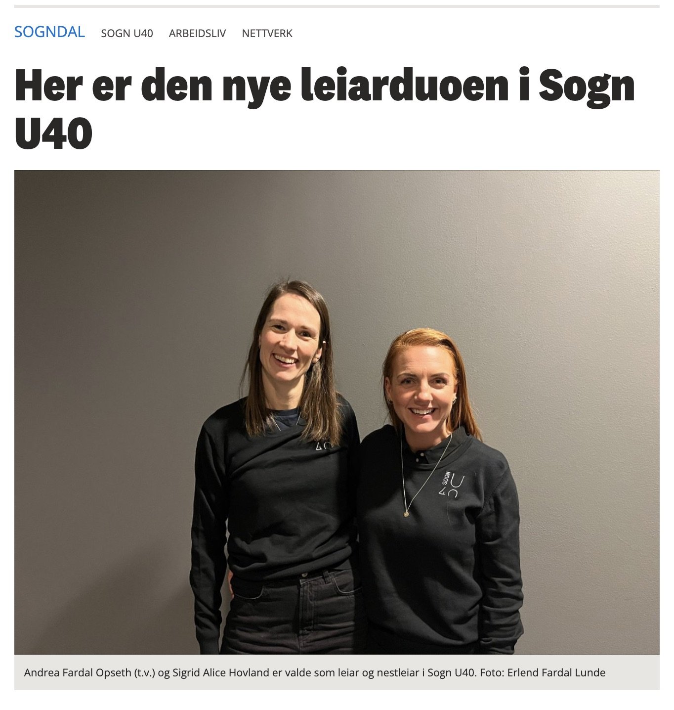 Sogn Avis: “Her er den nye leiarduoen i Sogn U40”