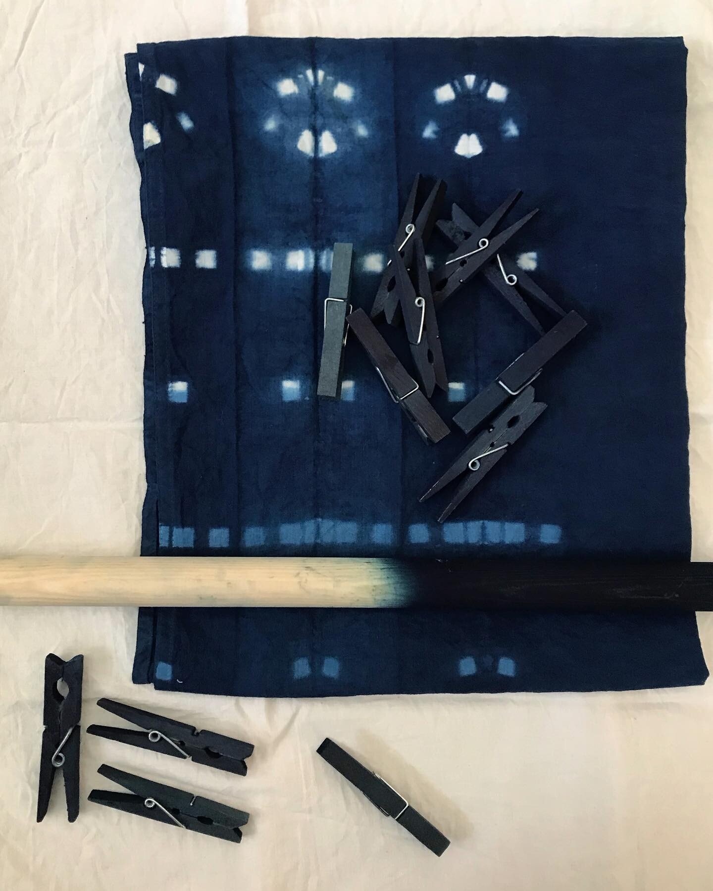 Tools &bull; I love how the indigo just dyes all natural materials into beautiful shades of blue. Like these clothes pegs used to make a resist pattern and this wooden dowel I have been using to stire all my vats. So many creative opportunities from 