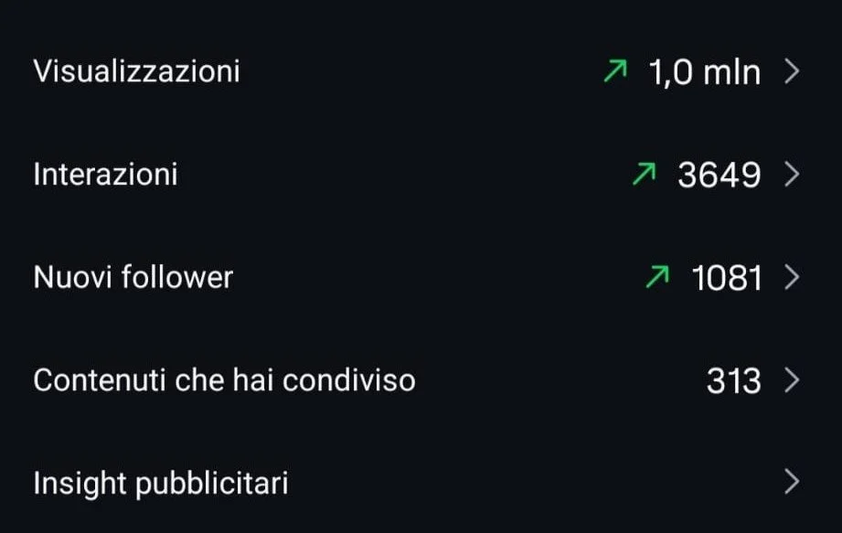 Schermata di analisi dei dati di social media con statistiche su visualizzazioni, interazioni, nuovi follower, contenuti condivisi e insight pubblicitari.