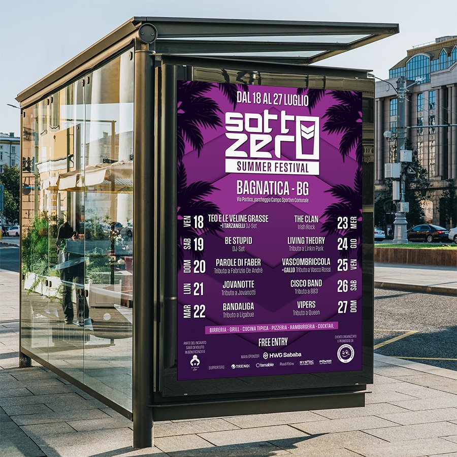 Manifesto del Sottozero Summer Festival a Bagnatica BG, con il programma degli artisti e date dal 18 al 27 luglio, su uno sfondo viola con palme nere.