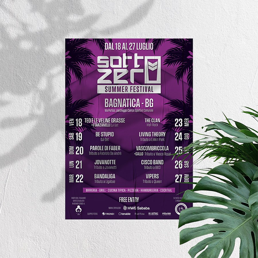 Locandina del Sottozero Summer Festival a Bagnatica, BG, dal 18 al 27 luglio, con band, DJ set e tributi musicali.