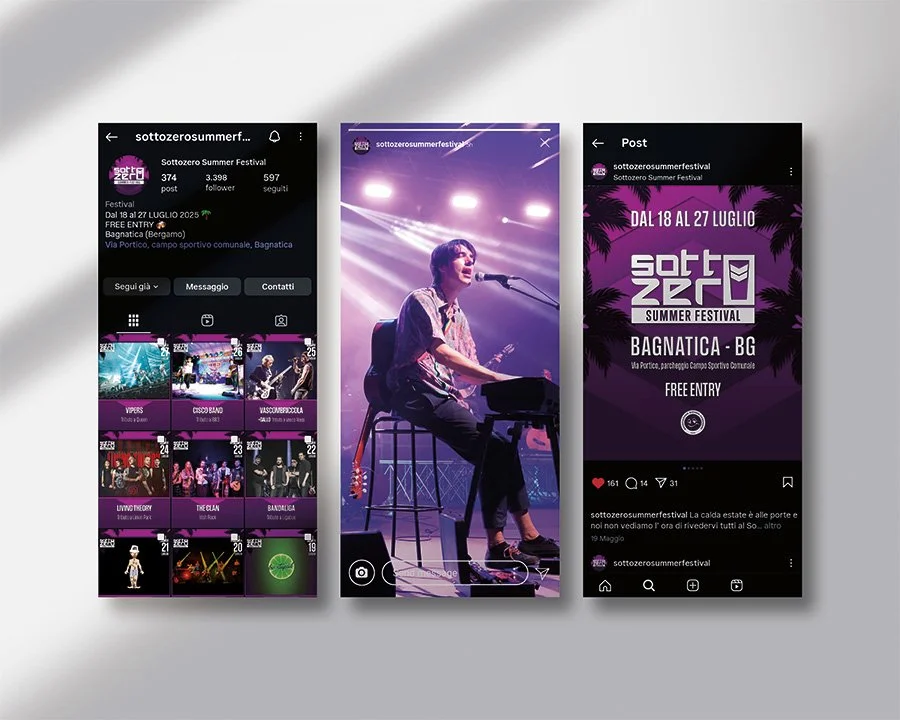 Poster e post sui social media per il Sottozero Summer Festival a Bagnatica, BG, dal 18 al 27 luglio 2025, evento musicale con vari artisti, ingresso gratuito.
