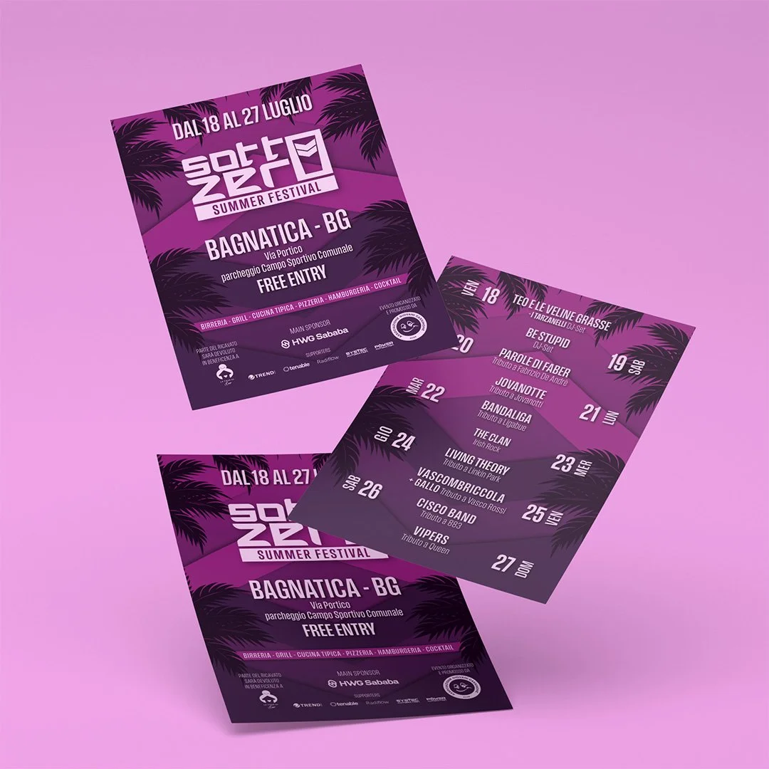 Flyer del Sottozero Summer Festival a Bagnatica, BG, con date dal 18 al 27 luglio, dettagli sulla posizione e ingressi gratuiti. Elenco degli artisti e sponsor.