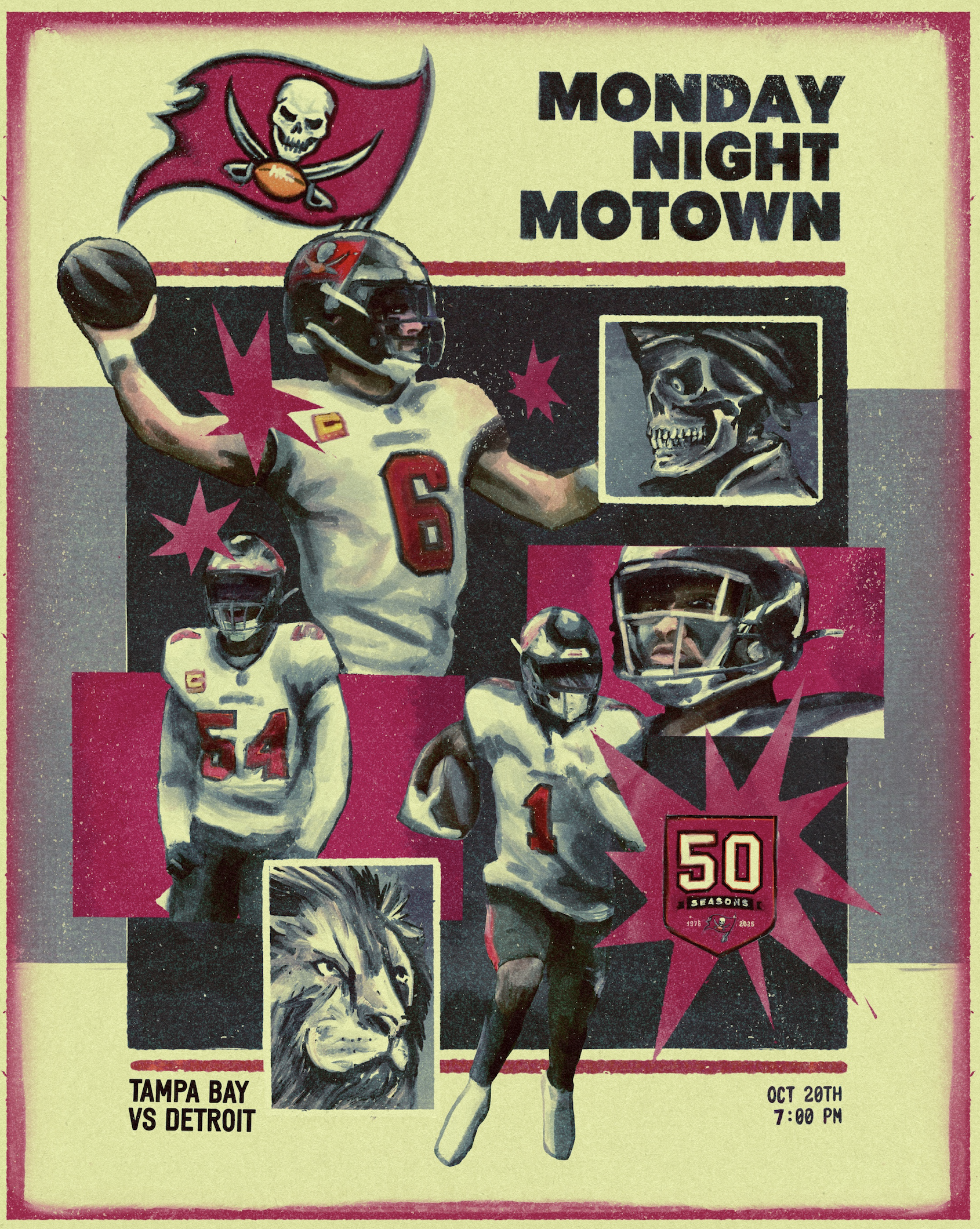 Vintage-style illustrated poster advertising an NFL game between Tampa Bay Buccaneers and Detroit Lions on October 20th at 7:00 PM. Features football players, skull, lion, and the Tampa Bay Buccaneers flag, with bright pink and black accents.