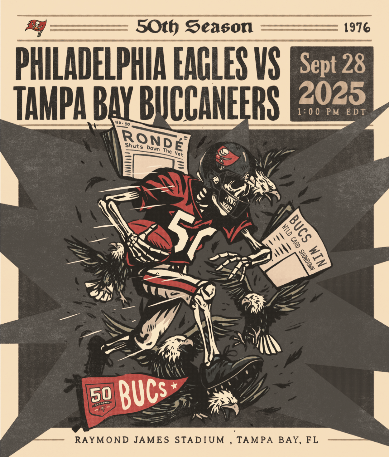 Vintage poster for a 1976 NFL game between the Philadelphia Eagles and the Tampa Bay Buccaneers at Raymond James Stadium, featuring a stylized illustration of a football player with eagle and hawk heads, holding a football amid flying eagles.